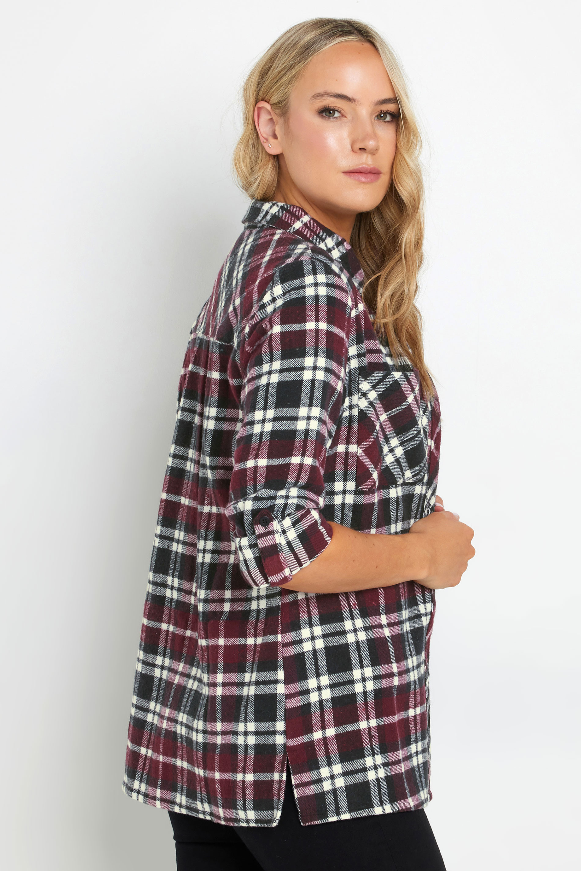 LTS Tall Burgundy Red Check Rolled Sleeve Shirt | Long Tall