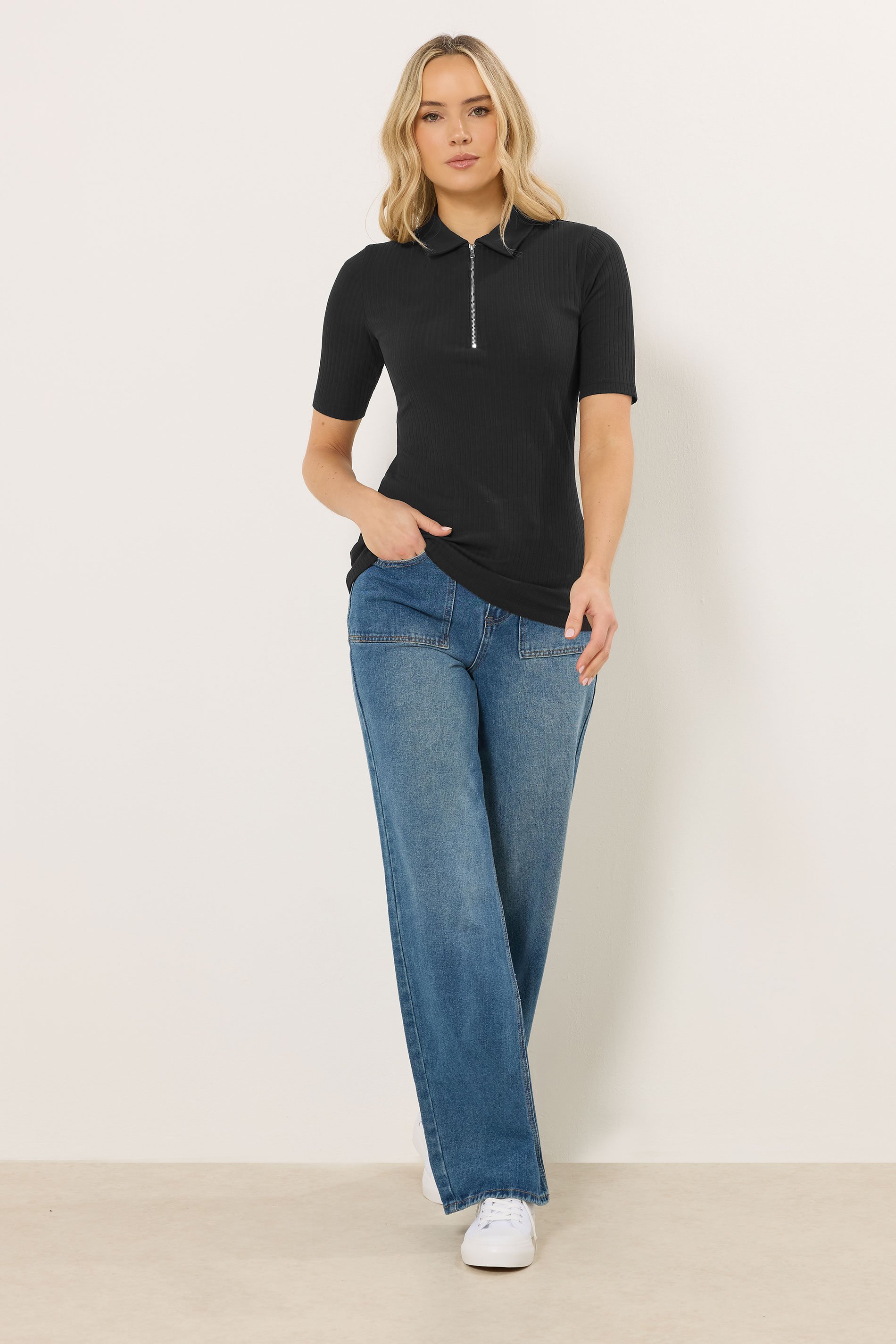 LTS Tall Black Half Zip Ribbed Collared Top | Long Tall Sally 3