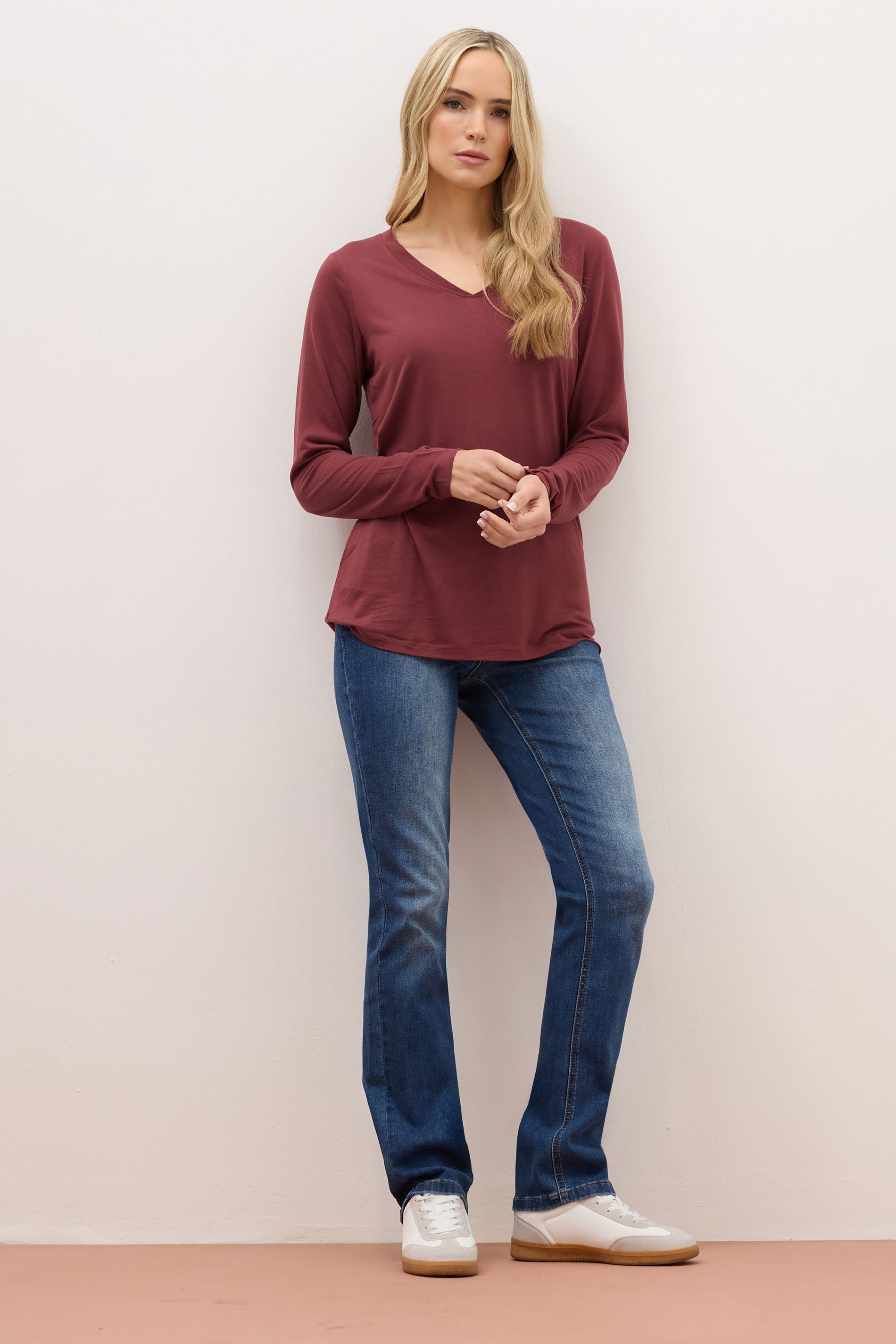 LTS PREMIUM Tall Burgundy Red Long Sleeve V-Neck Top | Long Tall Sally 2
