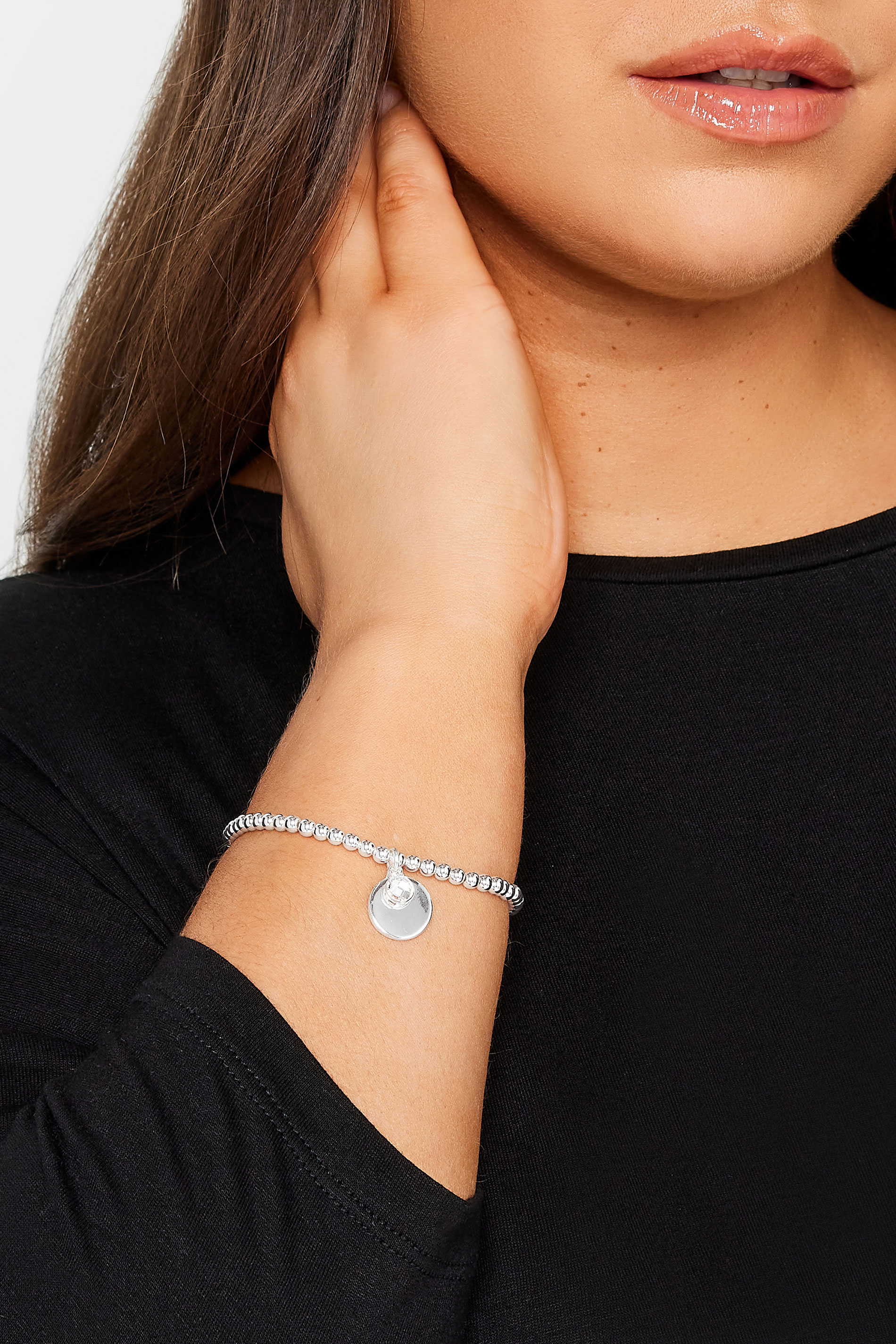 Silver Tone Disc Charm Stretch Bracelet | Yours Clothing 1