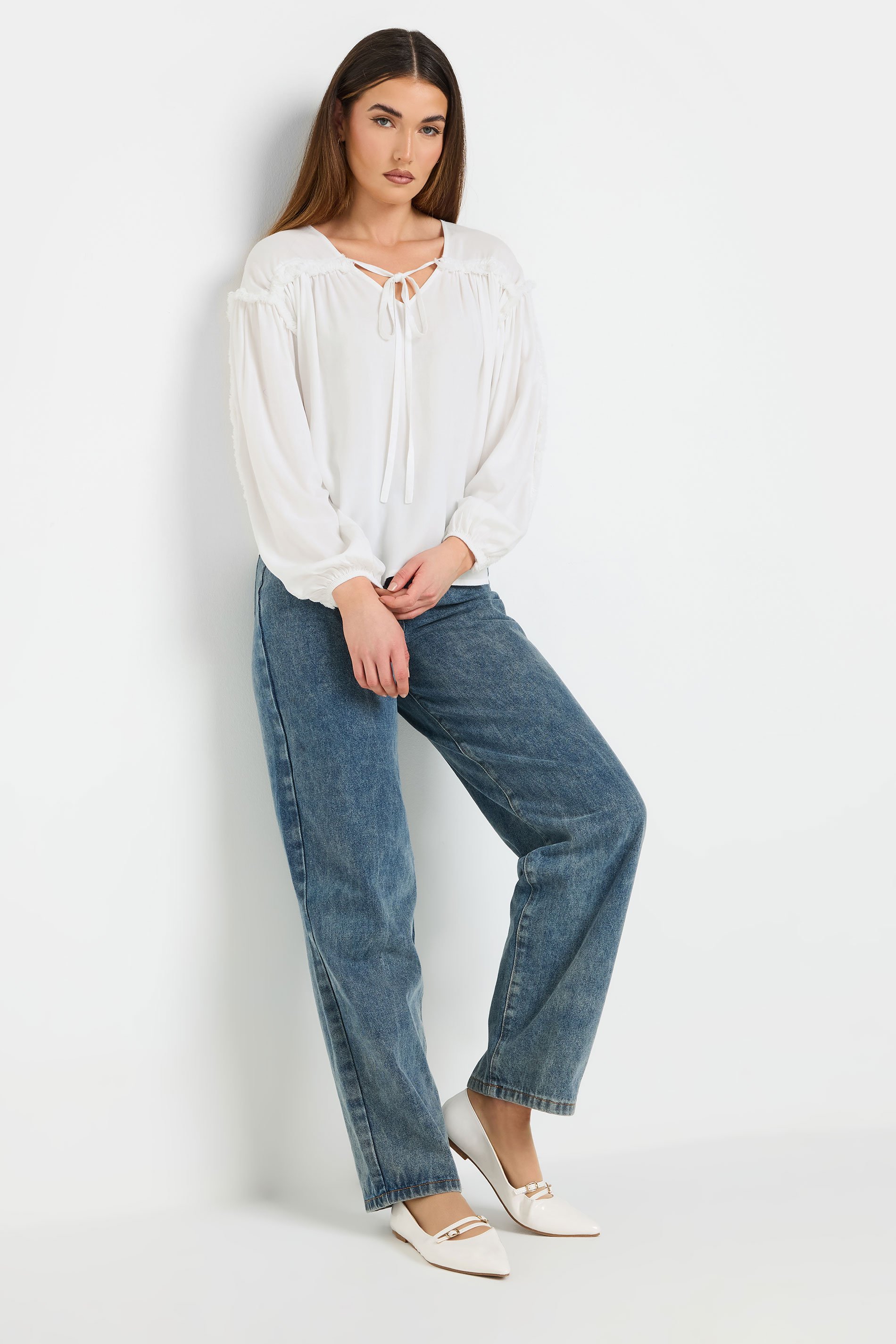 LTS Tall Ivory White Fringed Seam Tie Neck Blouse | Long Tall Sally 6