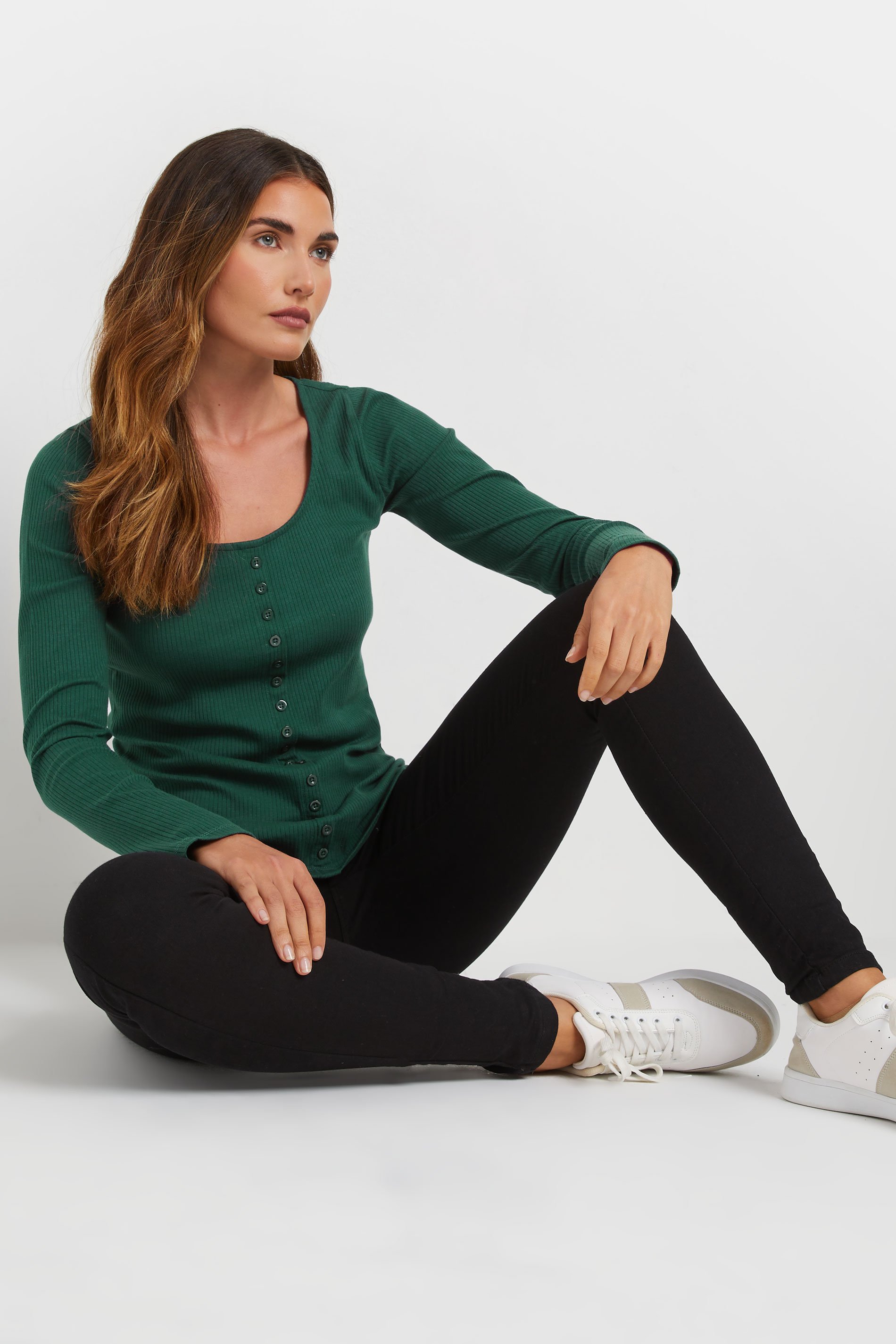 LTS Tall 2 PACK Emerald Green & Grey Ribbed Button Tops | Long Tall Sally 3