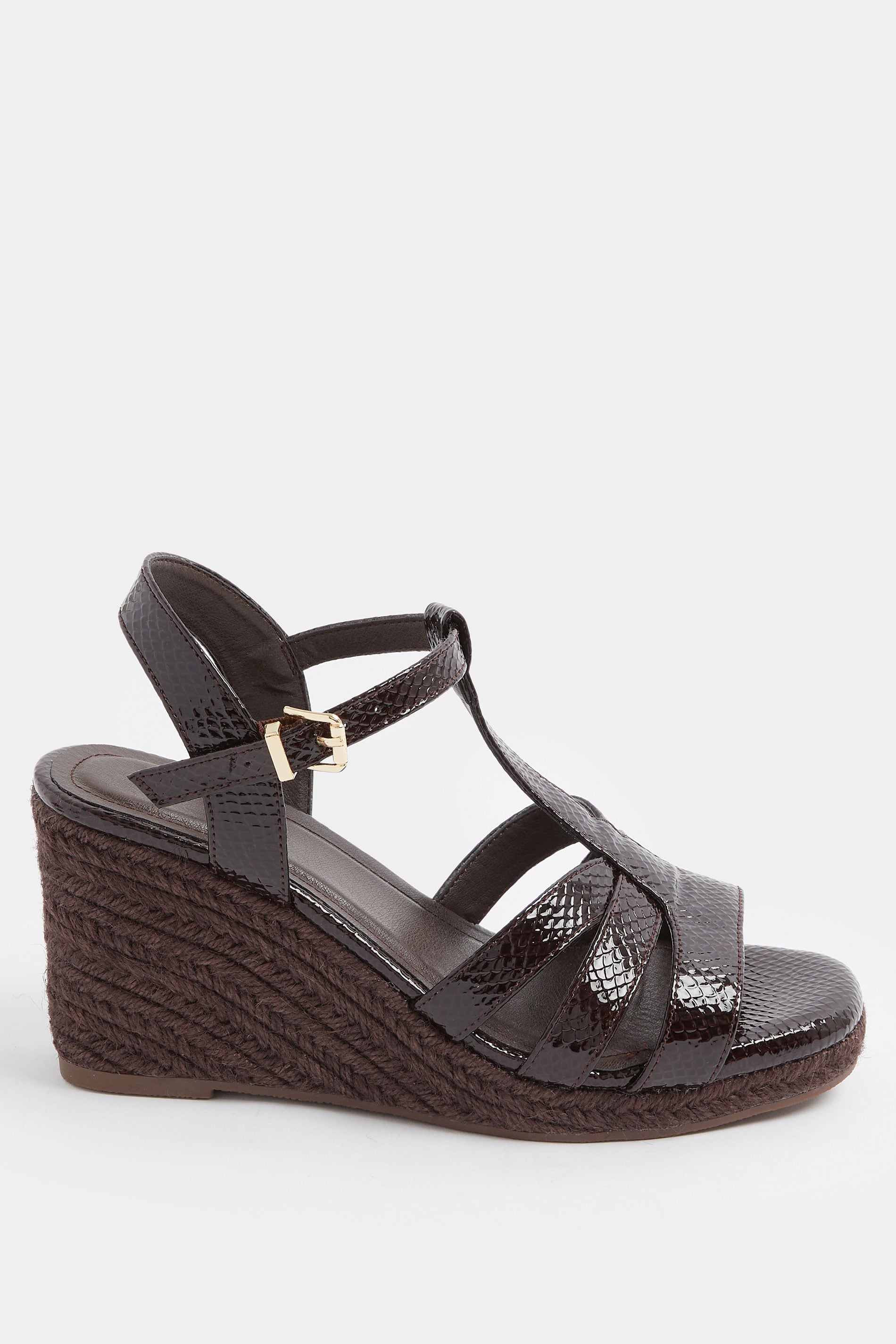 Chocolate Brown Faux Leather Patent T-Bar Wedge Sandals In Wide E Fit | Yours Clothing 4