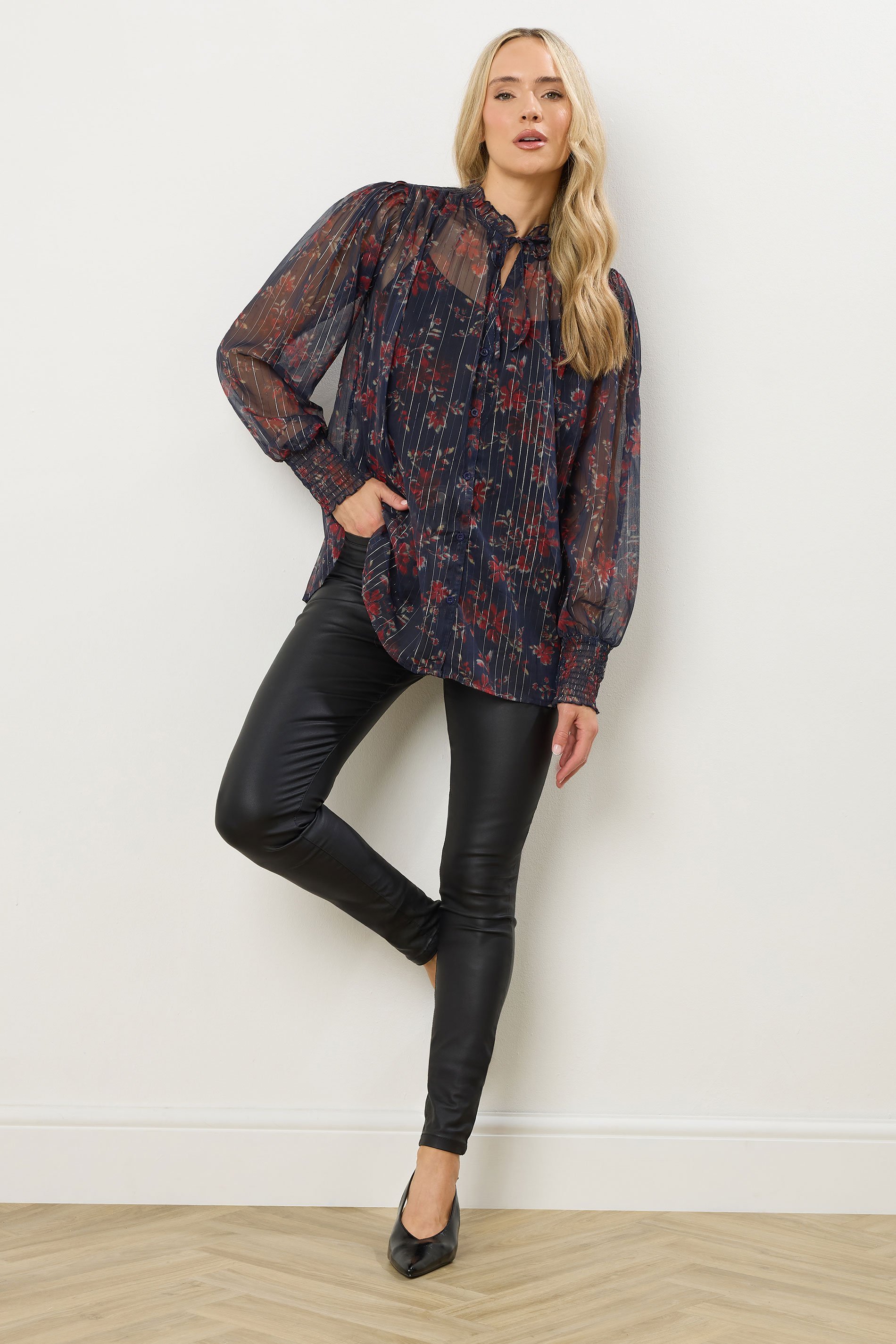 LTS Tall Navy Blue Floral Print Frill Neck Blouse | Long Tall Sally 3