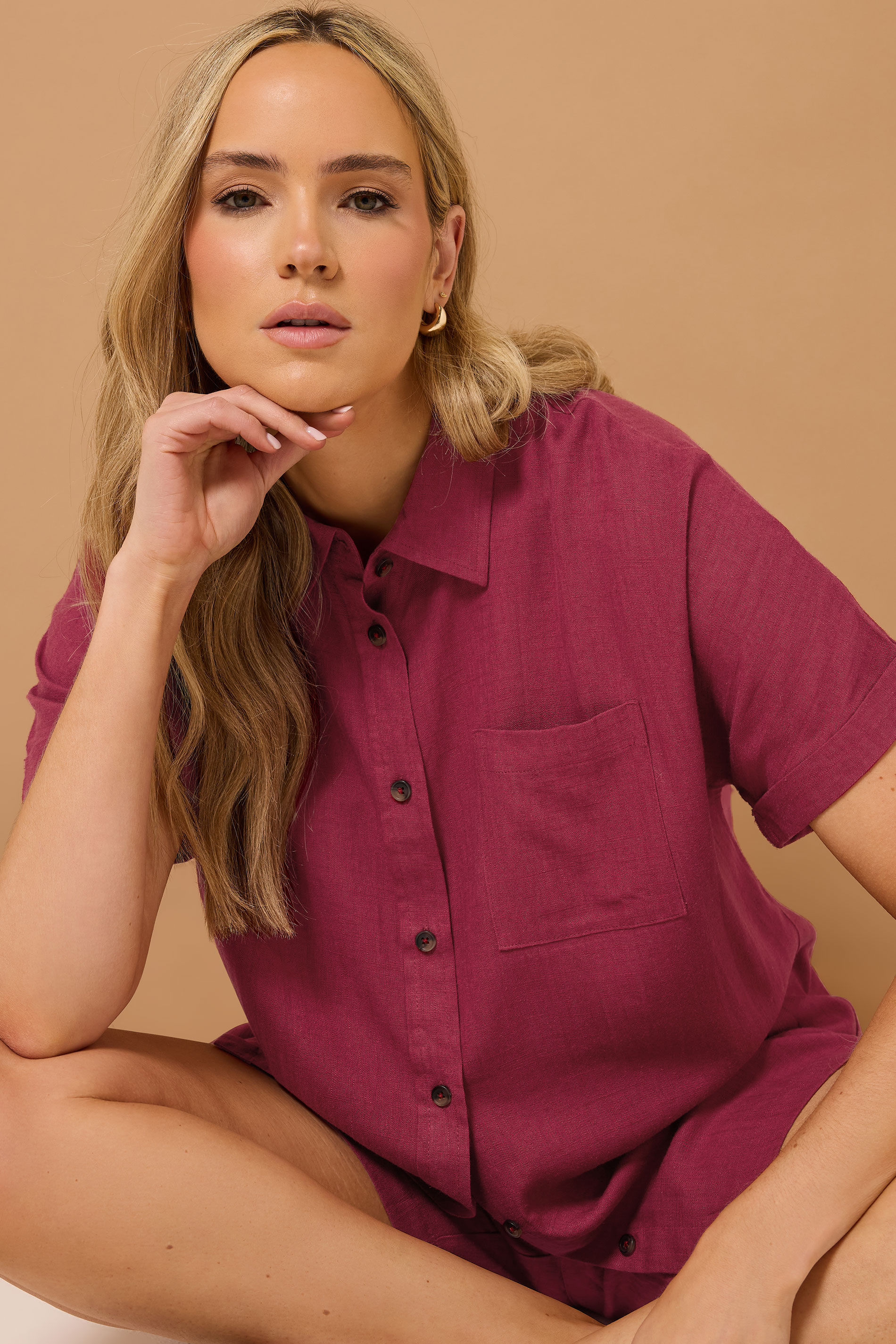 LTS Tall Dark Red Linen Oversized Short Sleeve Shirt | Long Tall Sally 4