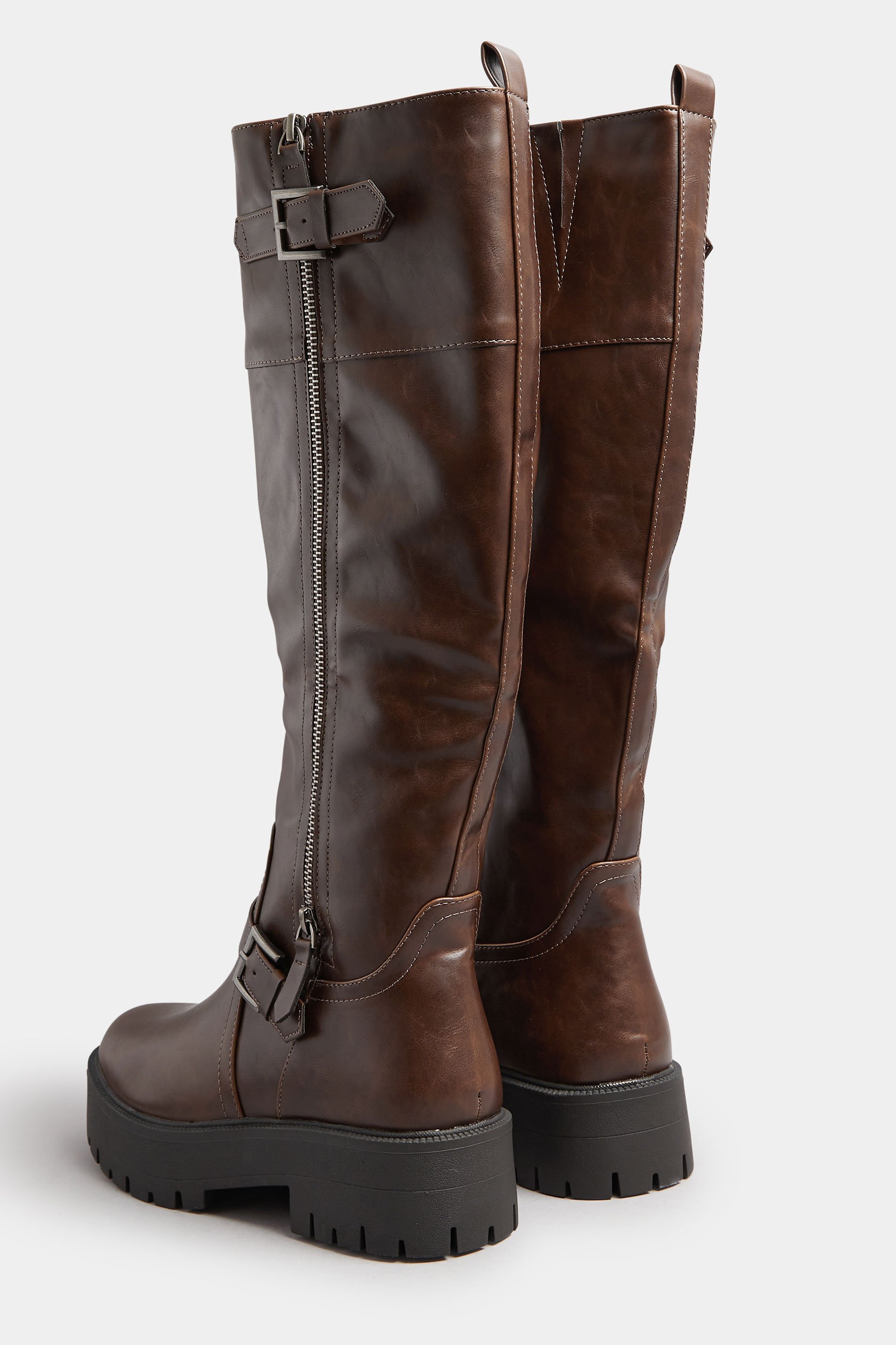 Brown Faux Leather Buckle Chunky Knee High Boots In Standard Fit | Yours Clothing 4