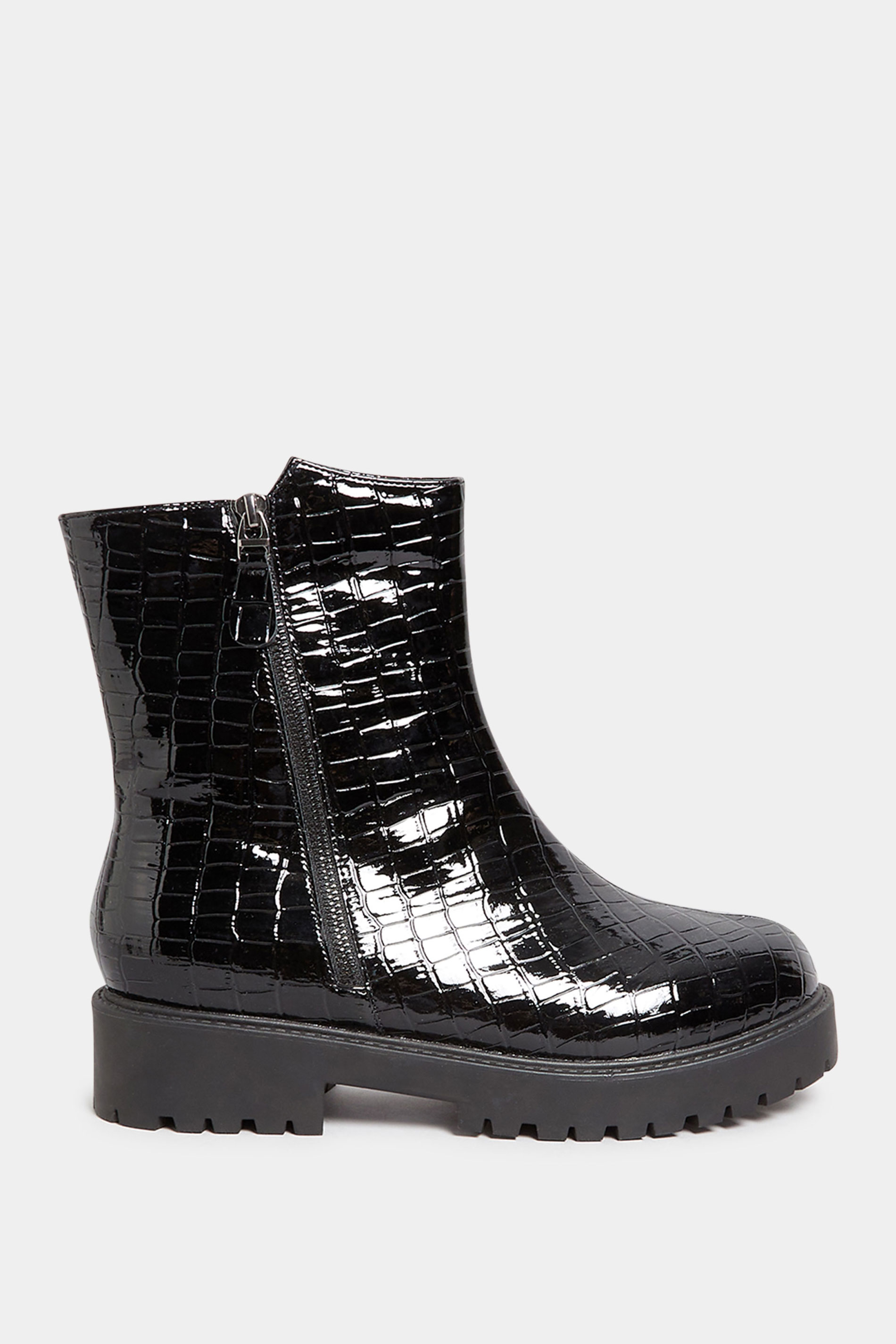 Black Croc Patent Side Zip Boots In Extra Wide EEE Fit | Yours Clothing 3