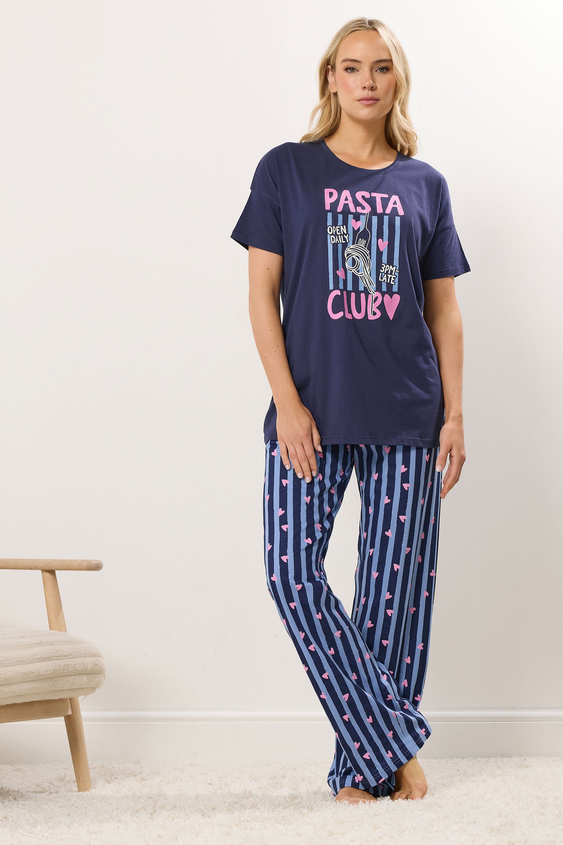 LTS Tall Women's Navy Blue 'Pasta Club' Wide Leg Pyjama Set | Long Tall Sally 1