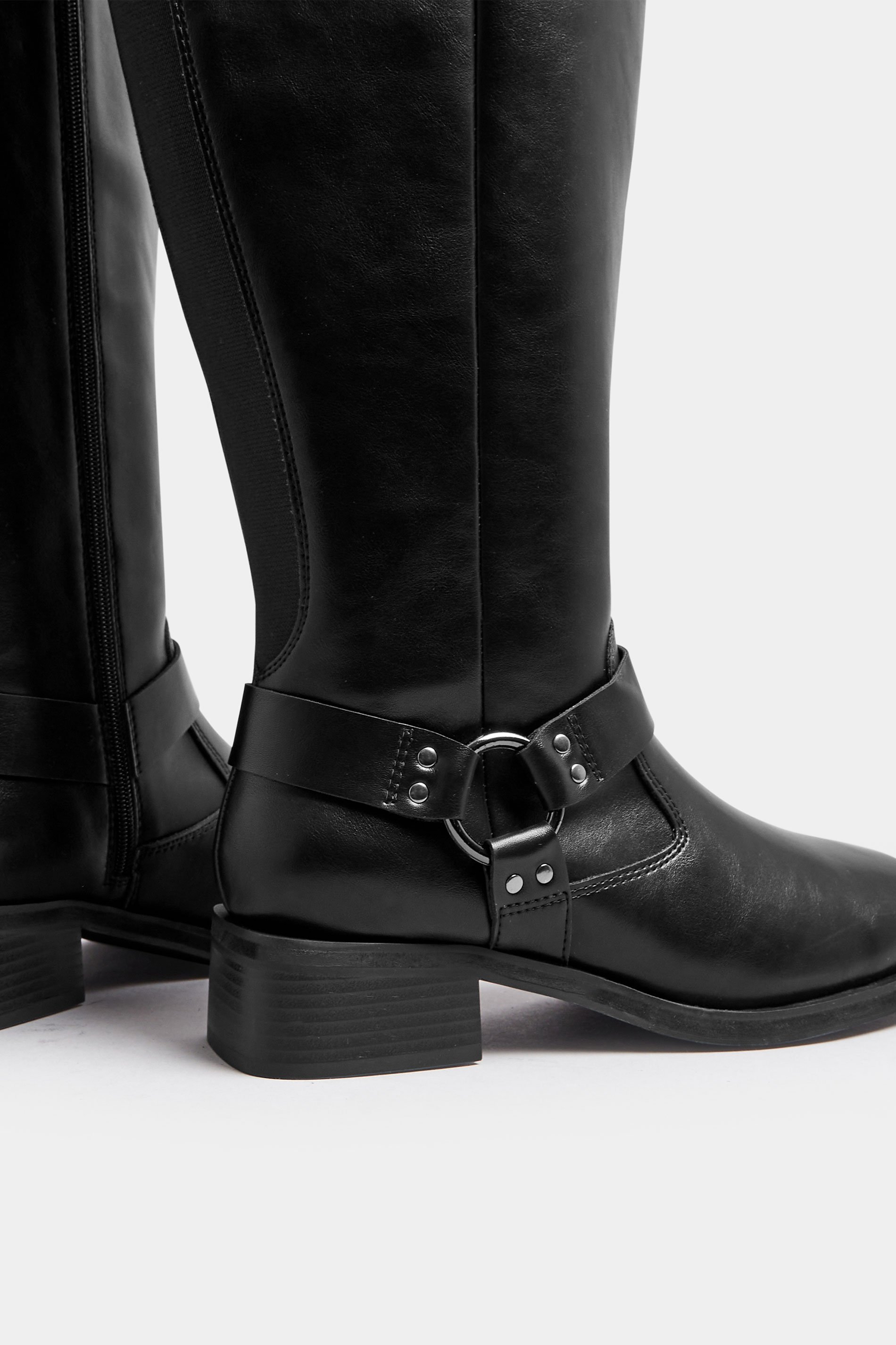 Black Harness Detail Knee High Biker Boots In Extra Wide EEE Fit | Yours Clothing 5