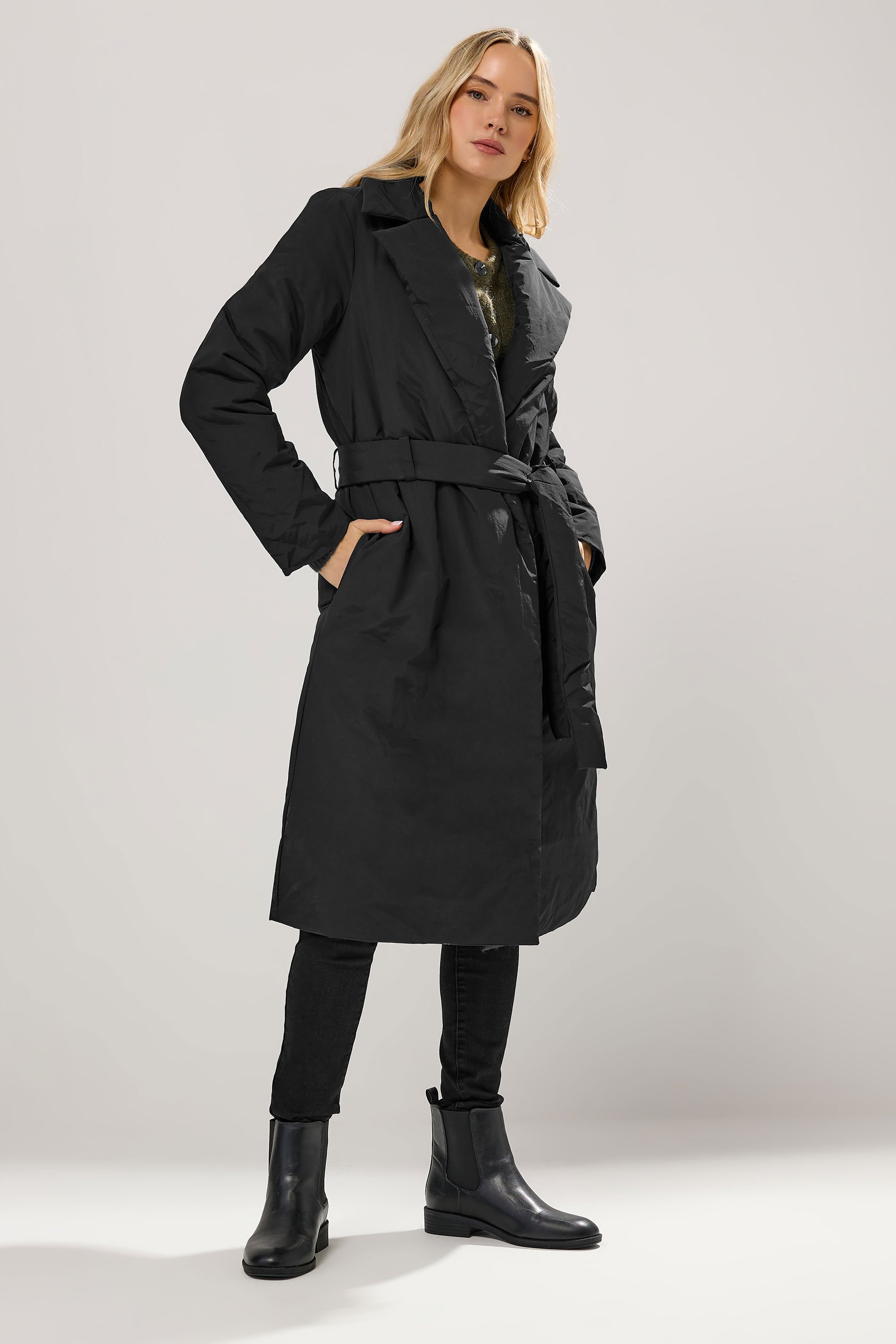 LTS Tall Black Belted Padded Midi Coat | Long Tall Sally 1