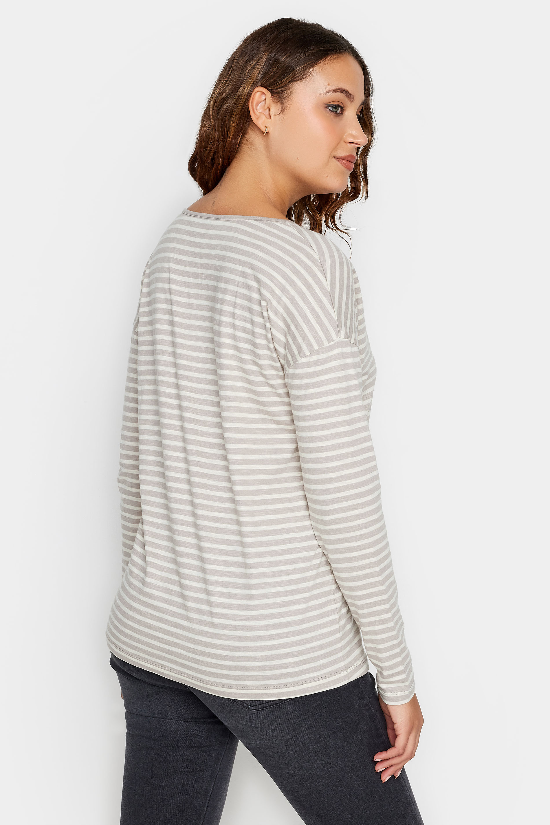 LTS Tall Stone Brown & White V-Neck Long Sleeve Cotton T-Shirt | Long Tall Sally 3