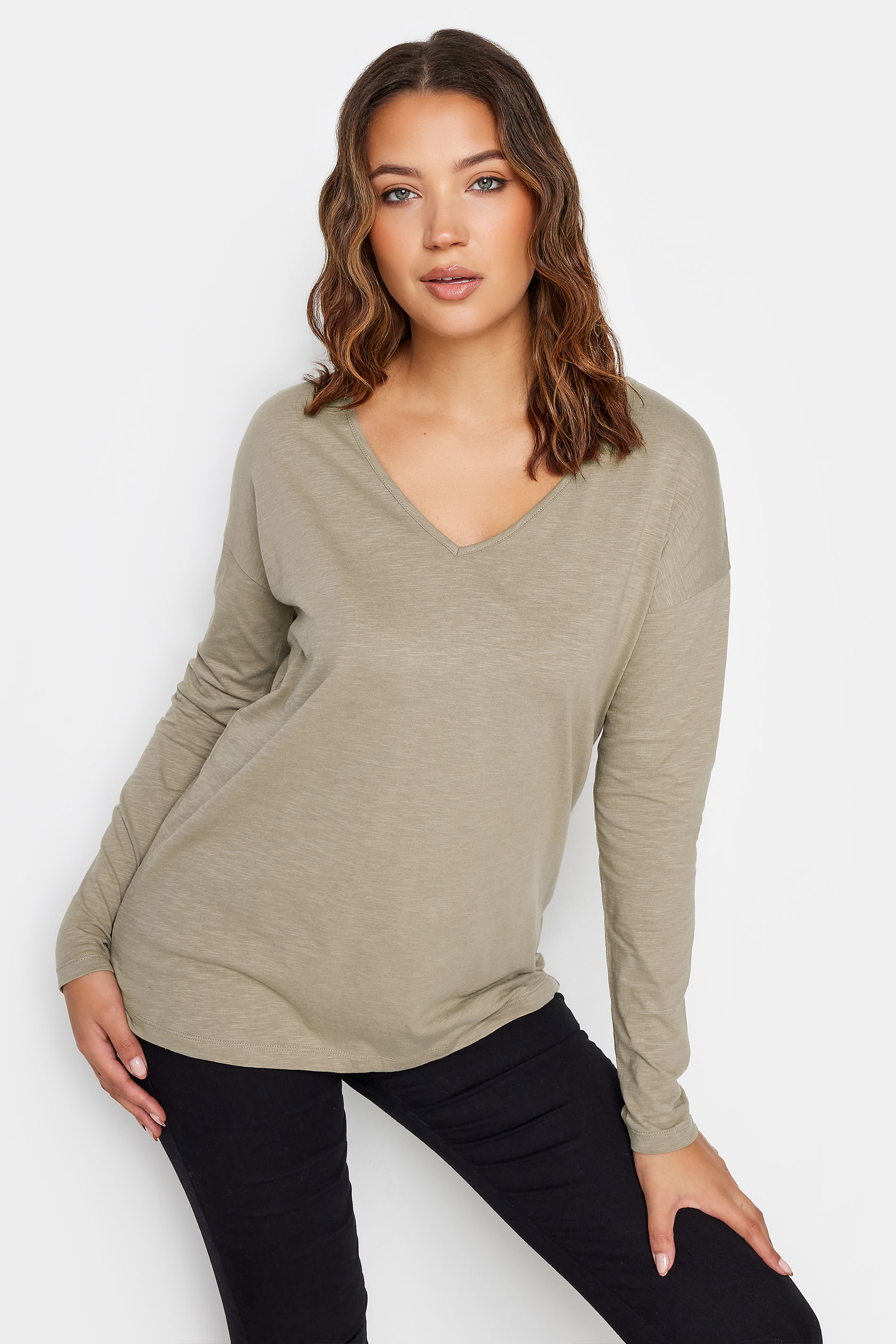LTS Tall Natural Brown V-Neck Long Sleeve Cotton T-Shirt | Long Tall Sally 1