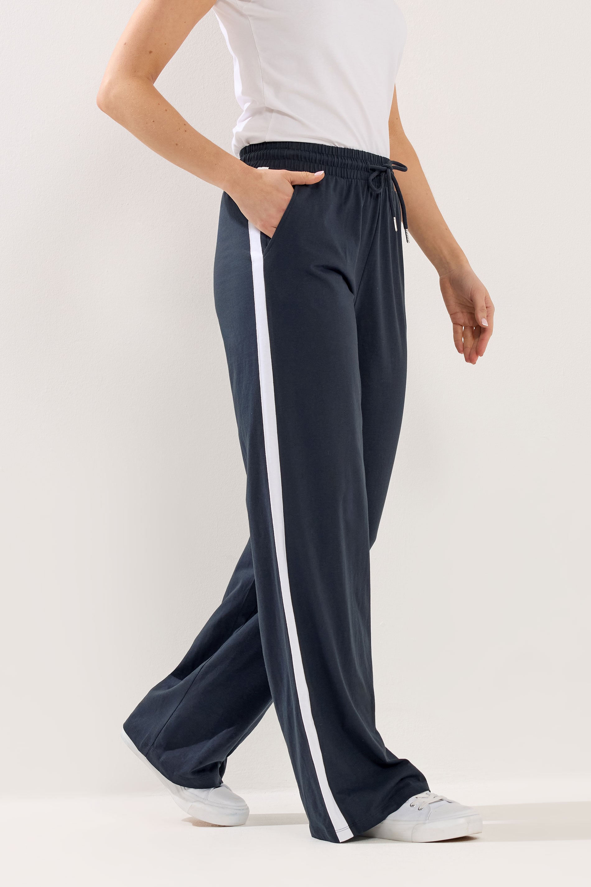 LTS Tall Women's Navy Blue Pipe Detail Cotton Wide Leg Joggers | Long Tall Sally 1