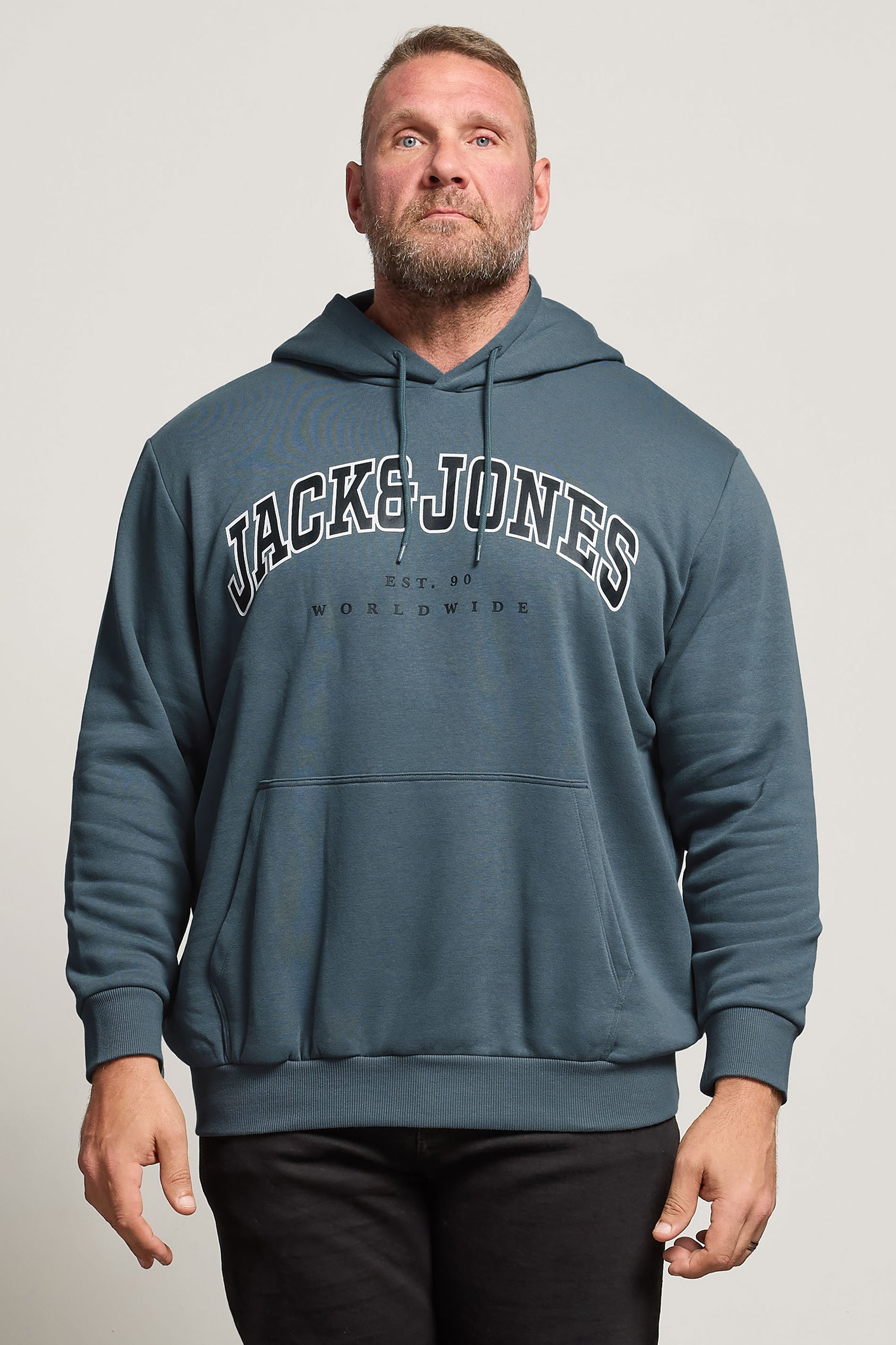 JACK & JONES Big & Tall Stormy Blue Varsity Hoodie | BadRhino 1