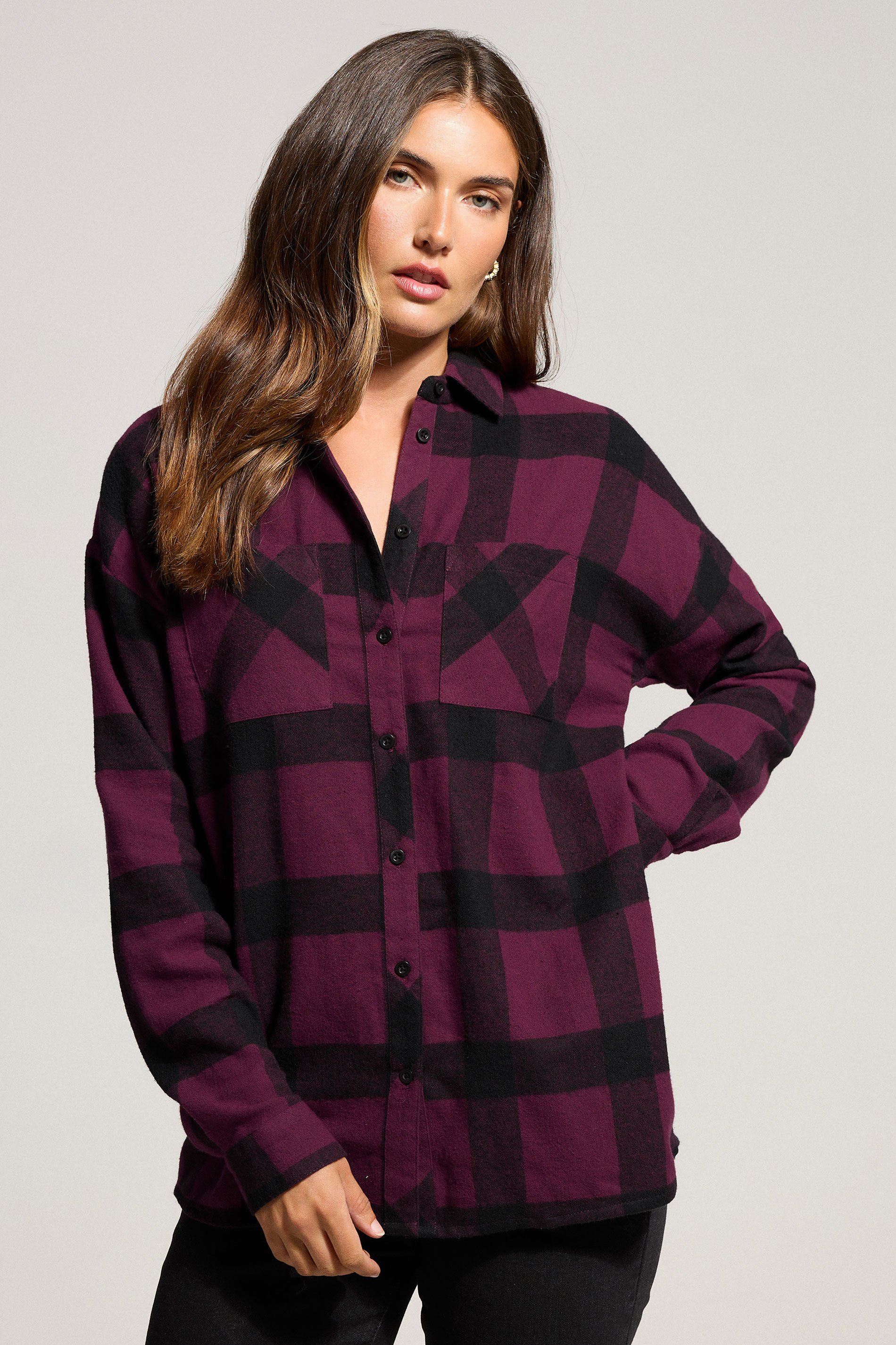LTS Tall Burgundy Red Cotton Check Oversized Shirt | Long Tall Sally 1
