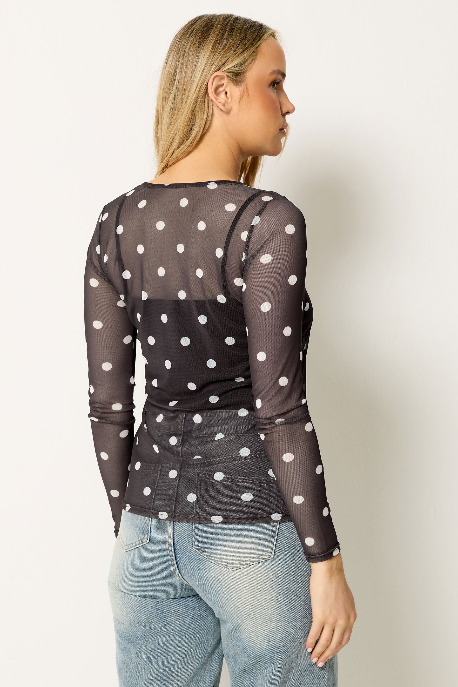 LTS Tall Women's Chocolate Brown Polka Dot Mesh Top | Long Tall Sally 1