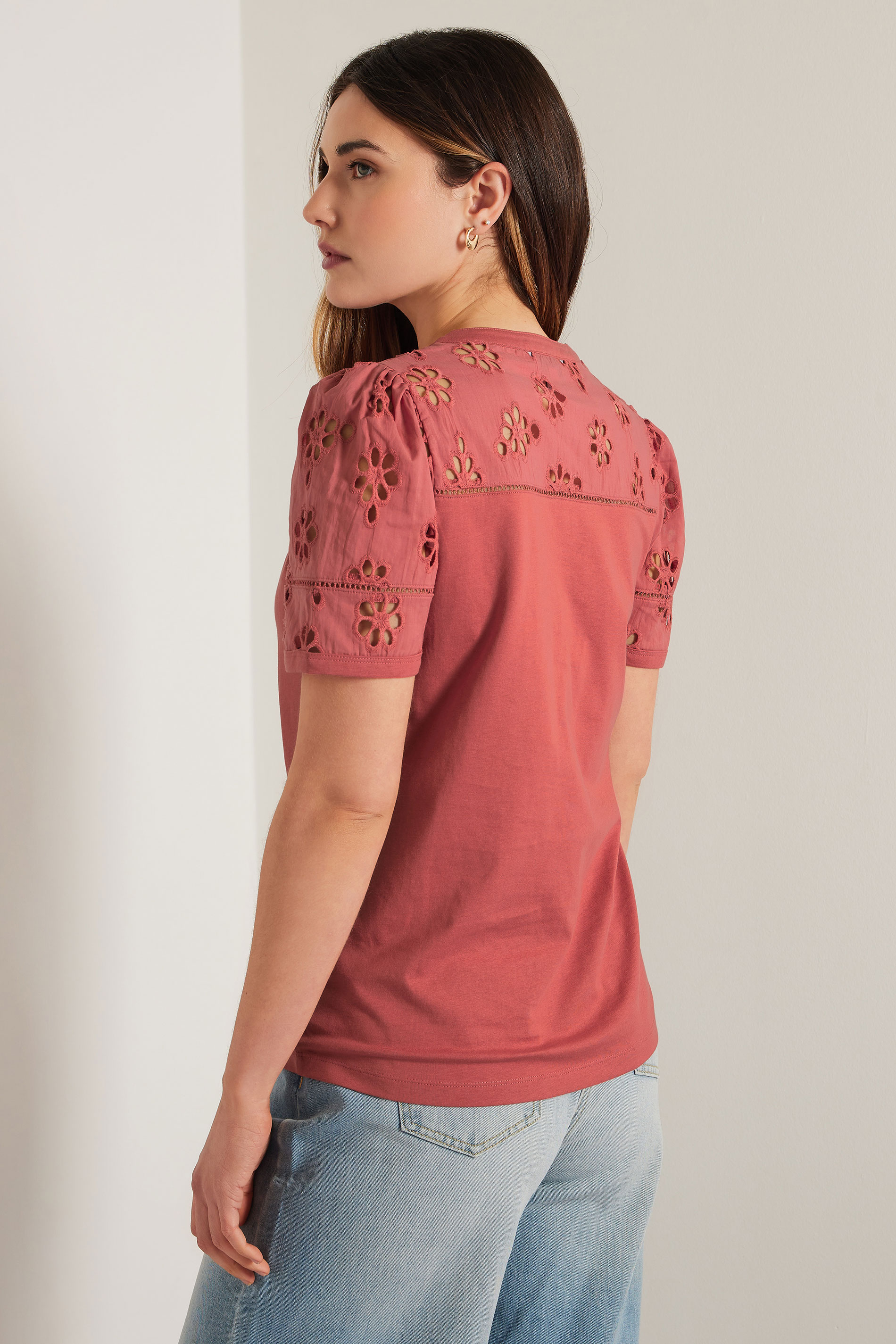 LTS Tall Coral Pink Cotton Broderie Short Sleeve Top | Long Tall Sally 4