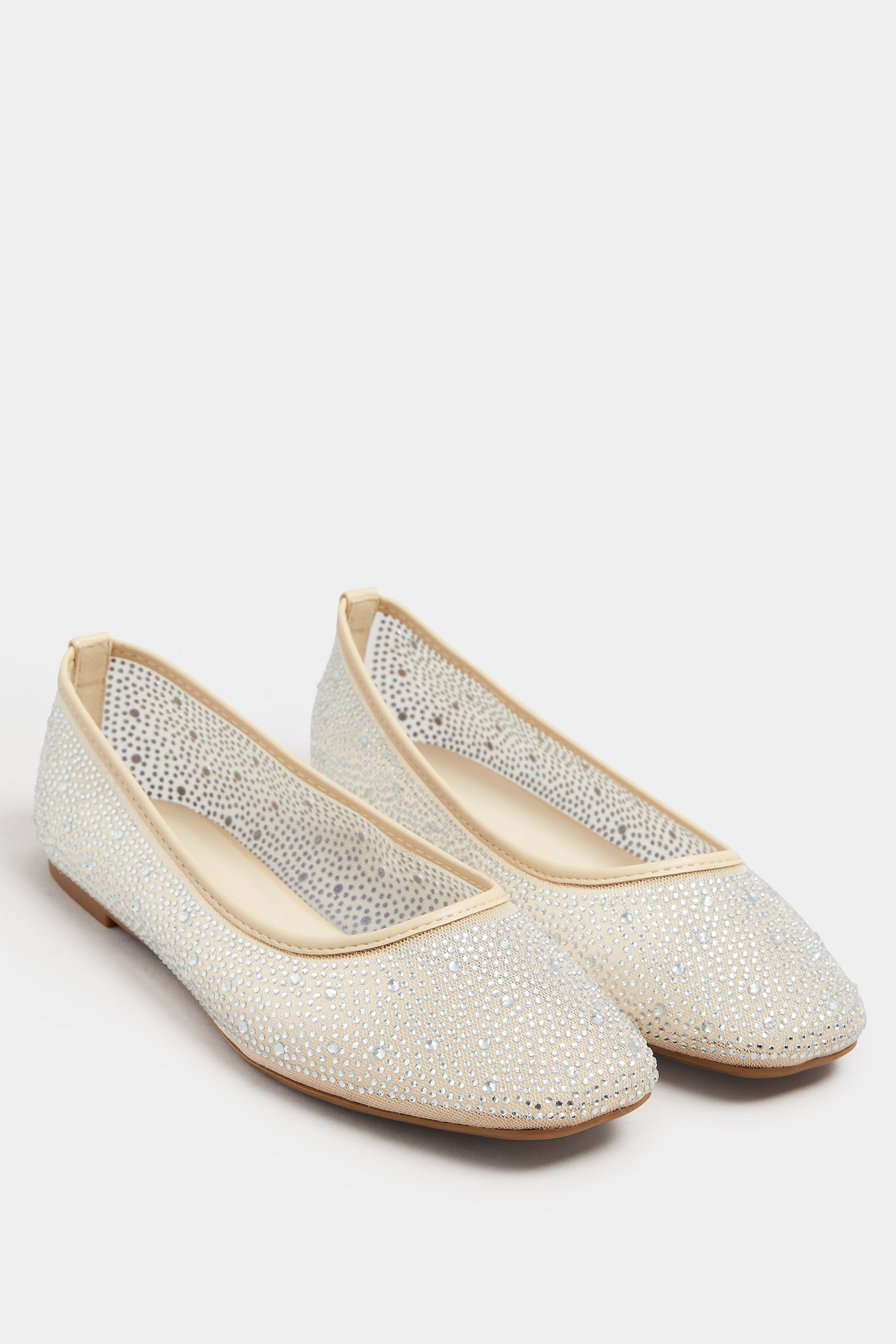 Nude Mesh Diamante Embellished Ballerina Pumps In Wide E Fit | Yours Clothing 2