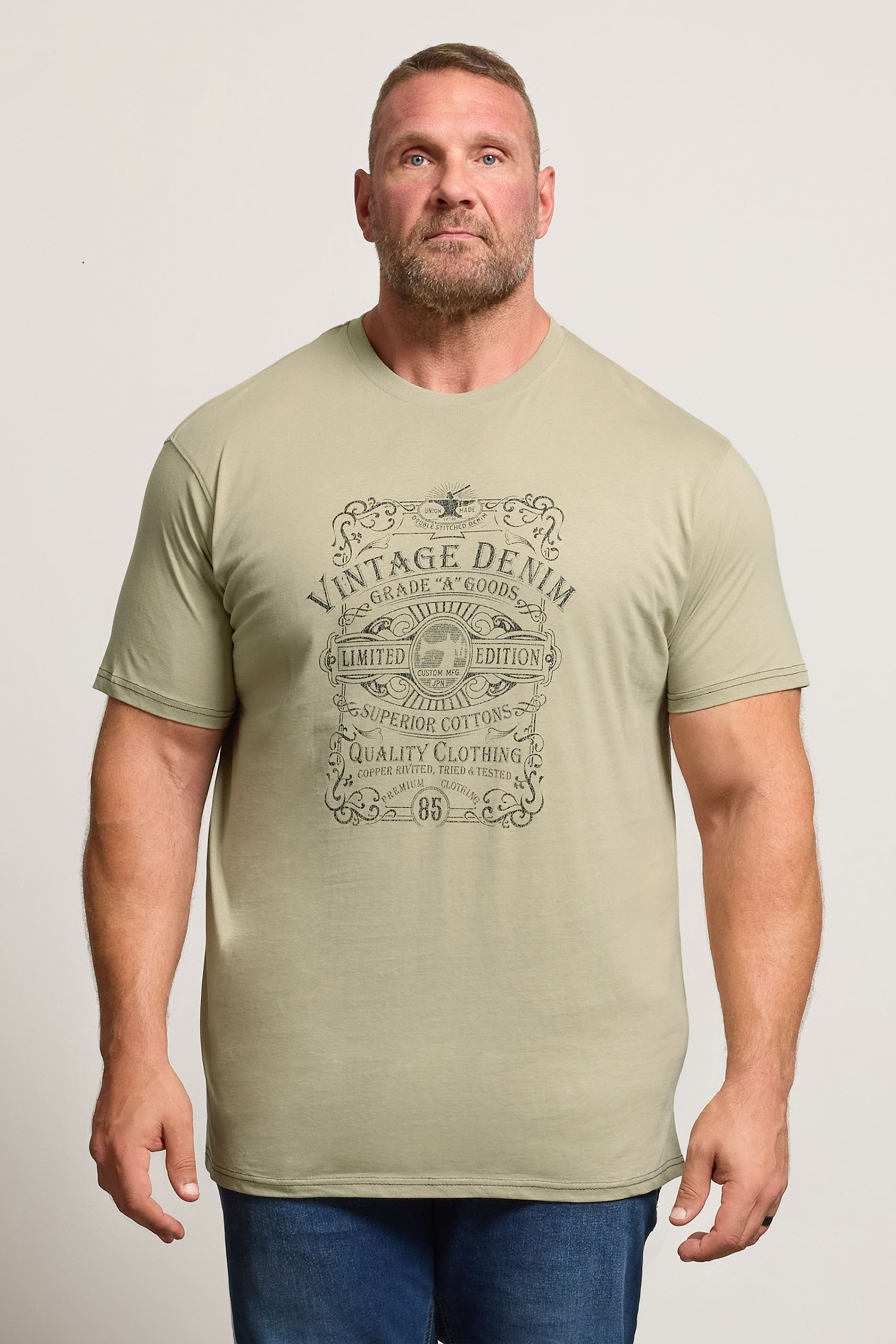 KAM Big & Tall Stone Beige Vintage Denim Graphic Print T-Shirt | BadRhino 1