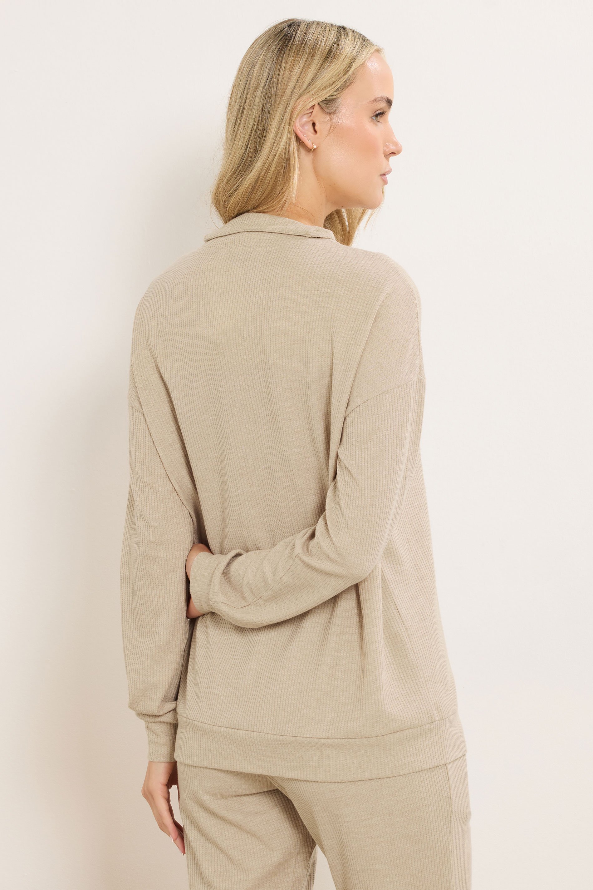 LTS Tall Beige Brown Waffle Quarter Zip Lounge Top | Long Tall Sally 3