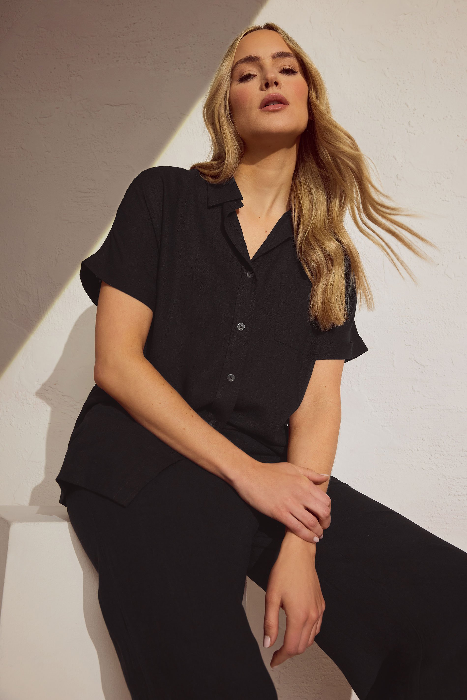 LTS Tall Black Linen Oversized Short Sleeve Shirt | Long Tall Sally 1