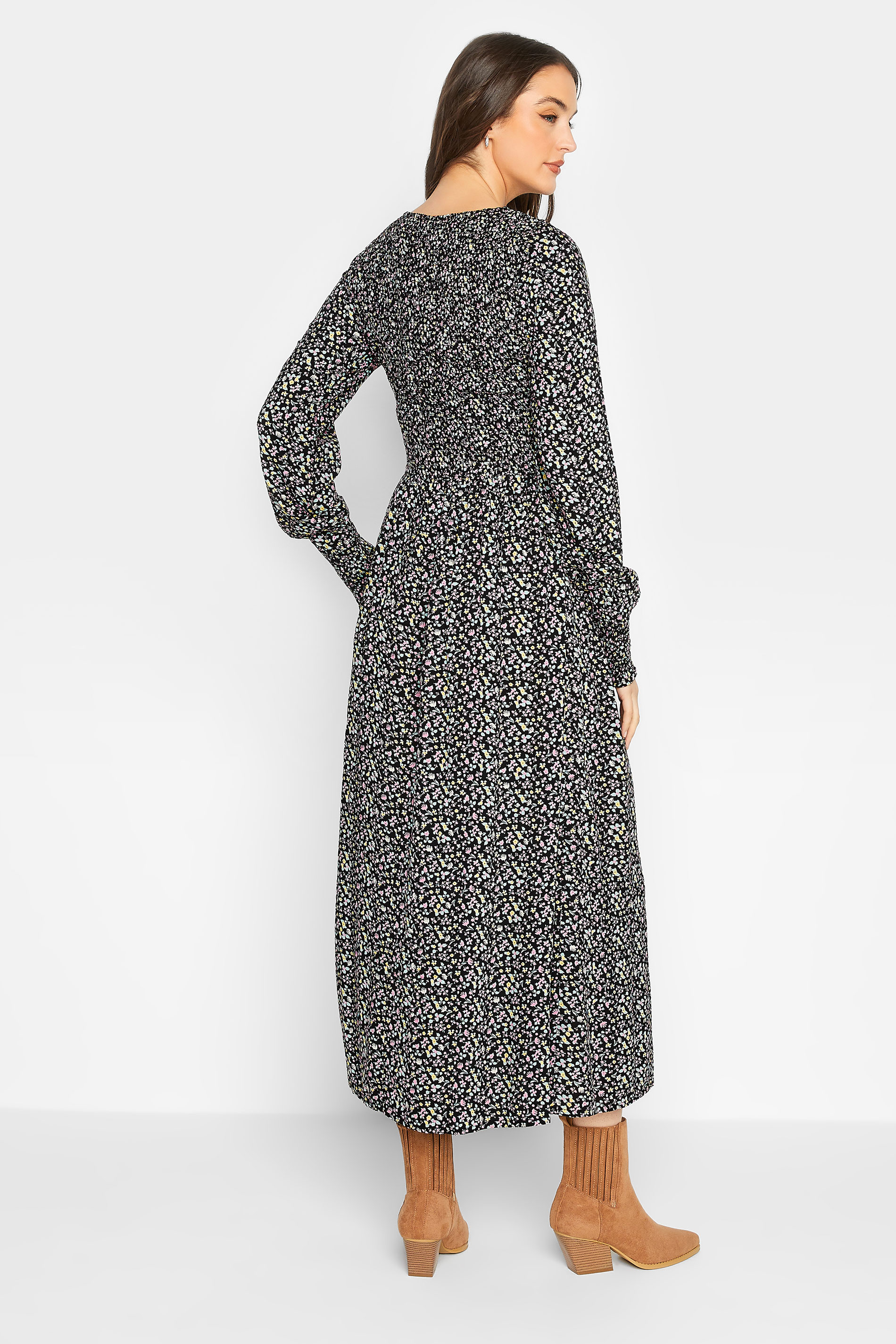 LTS Tall Women's Black Ditsy Shirred Midi Dress | Long Tall Sally  3
