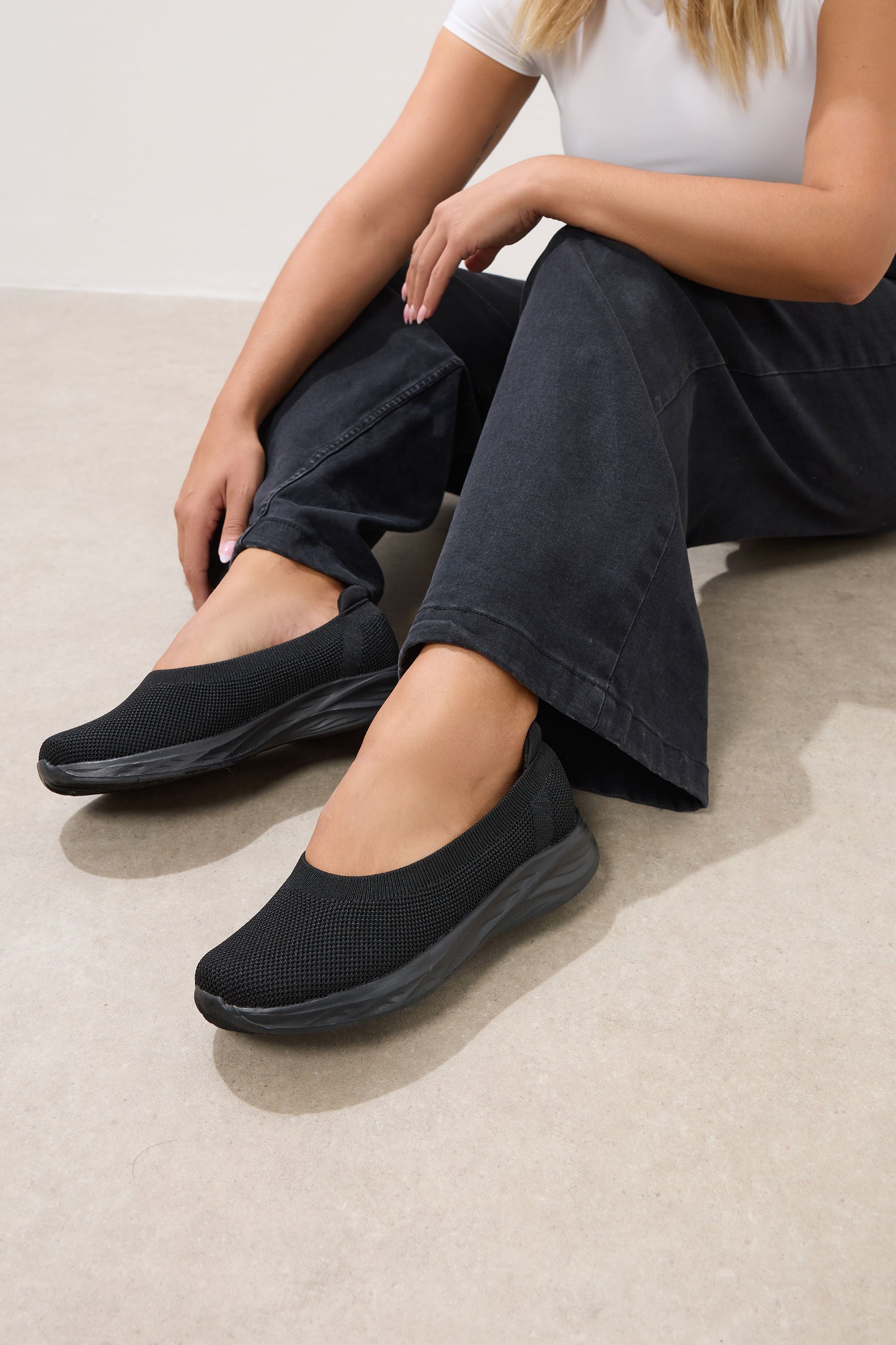 Black Slip On Knit Trainers In Extra Wide EEE Fit | Yours Clothing 1