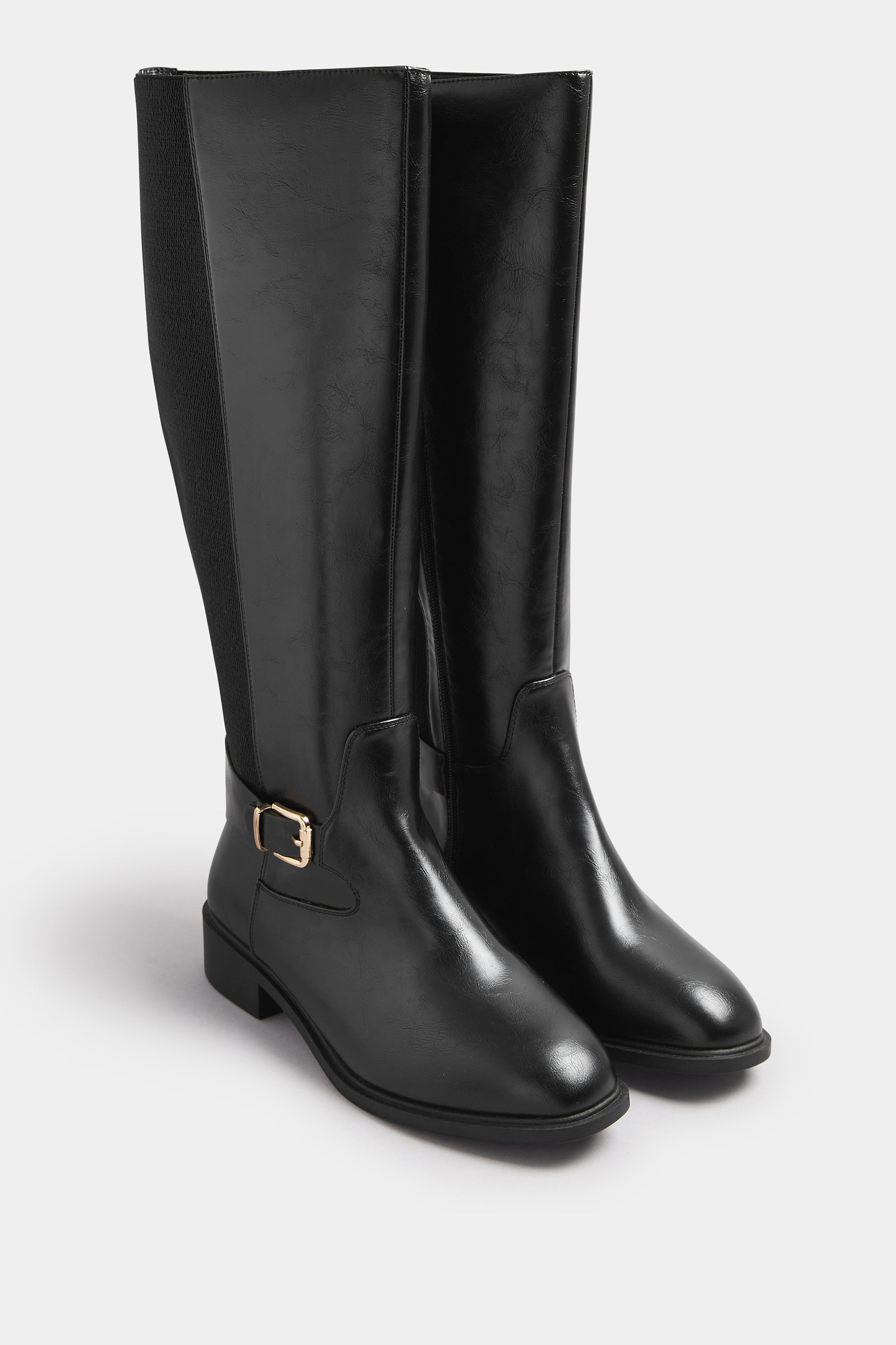 Black Buckle Stretch Knee High Boots In Extra Wide EEE Fit | Yours Clothing 3