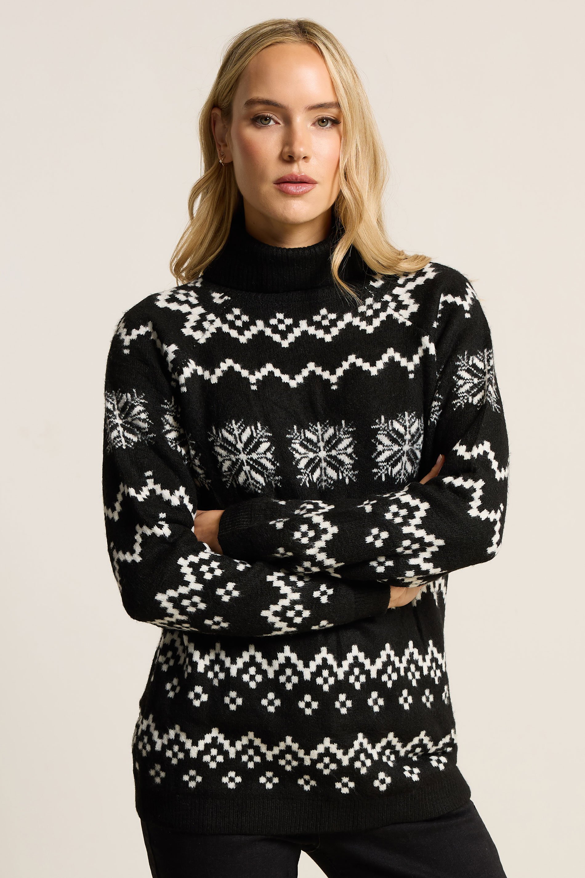 LTS Tall Black Knitted Snowflake Roll Neck Jumper | Long Tall Sally 1