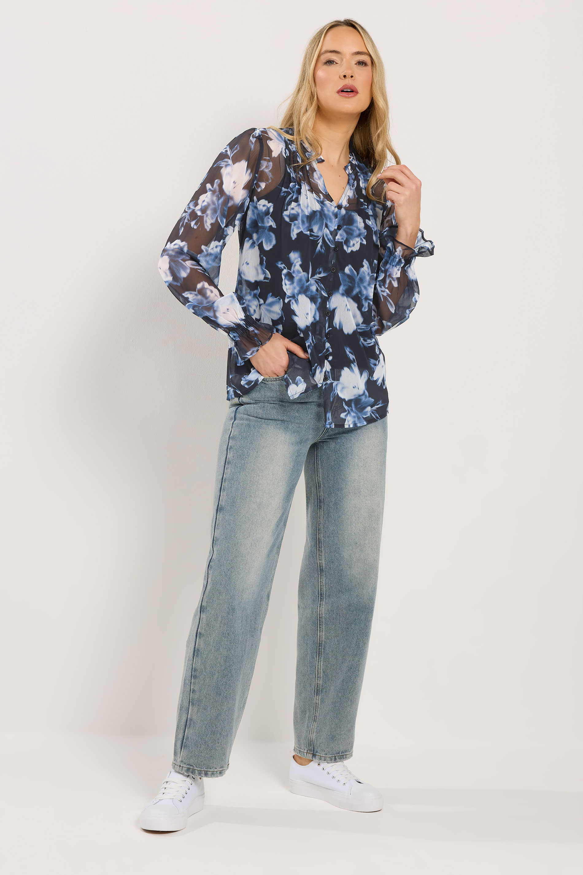 LTS Tall Navy Blue Floral Sheer Pintuck Blouse | Long Tall Sally 2