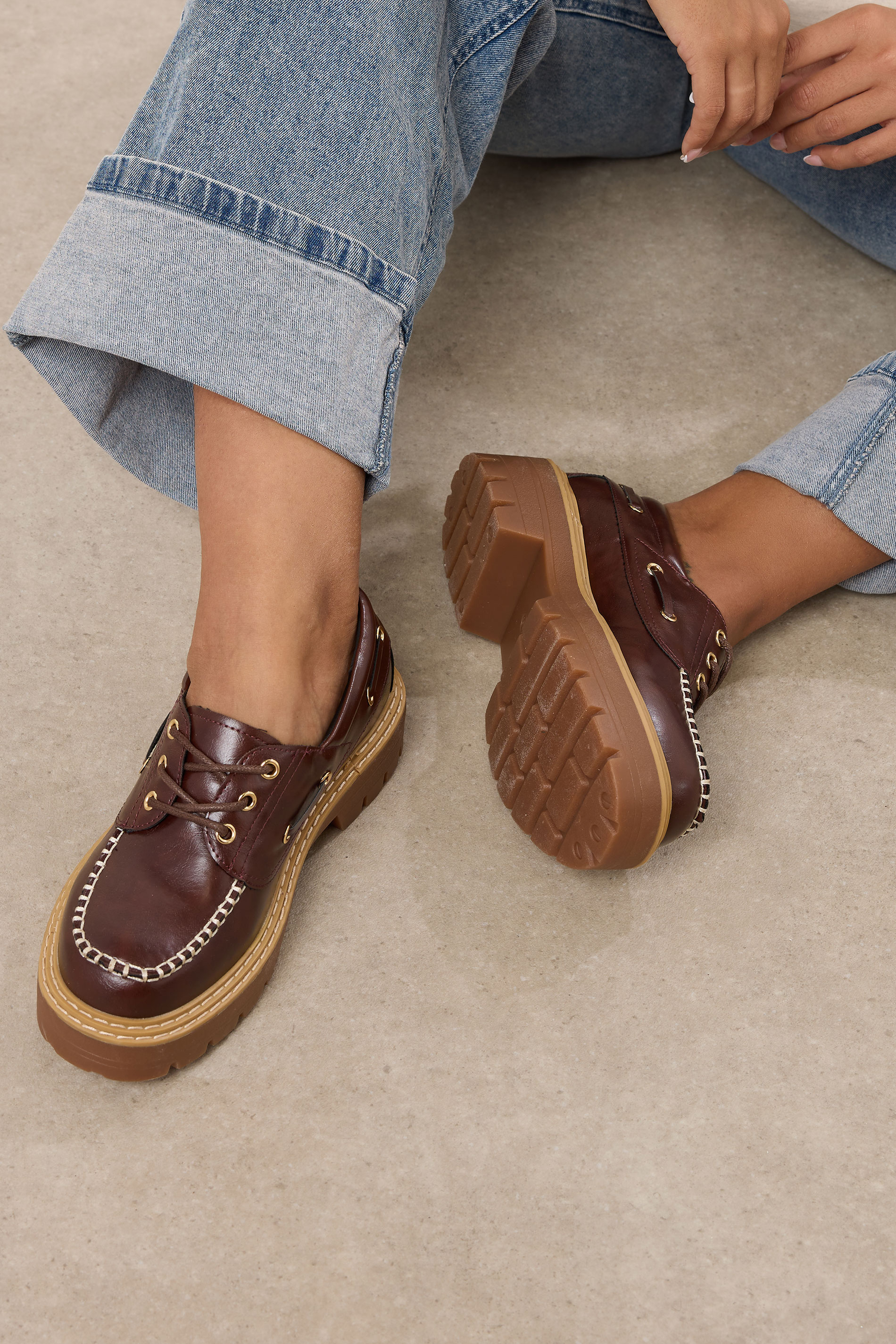 Brown Chunky Lace Up Boat Shoes In Extra Wide EEE Fit | Yours Clothing 2
