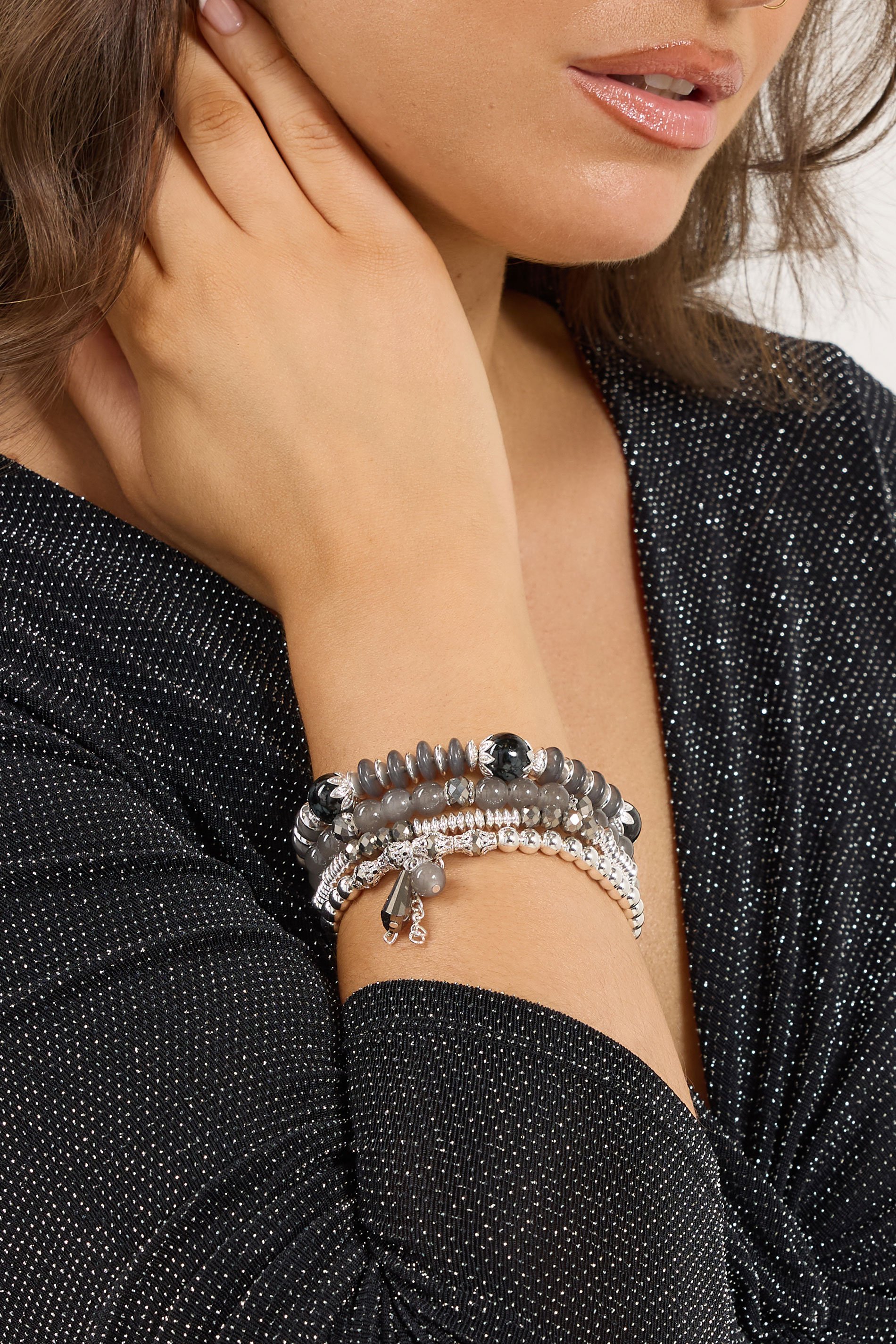 4 PACK Silver Tone Beaded Stretch Charm Bracelets | Yours Clothing 1