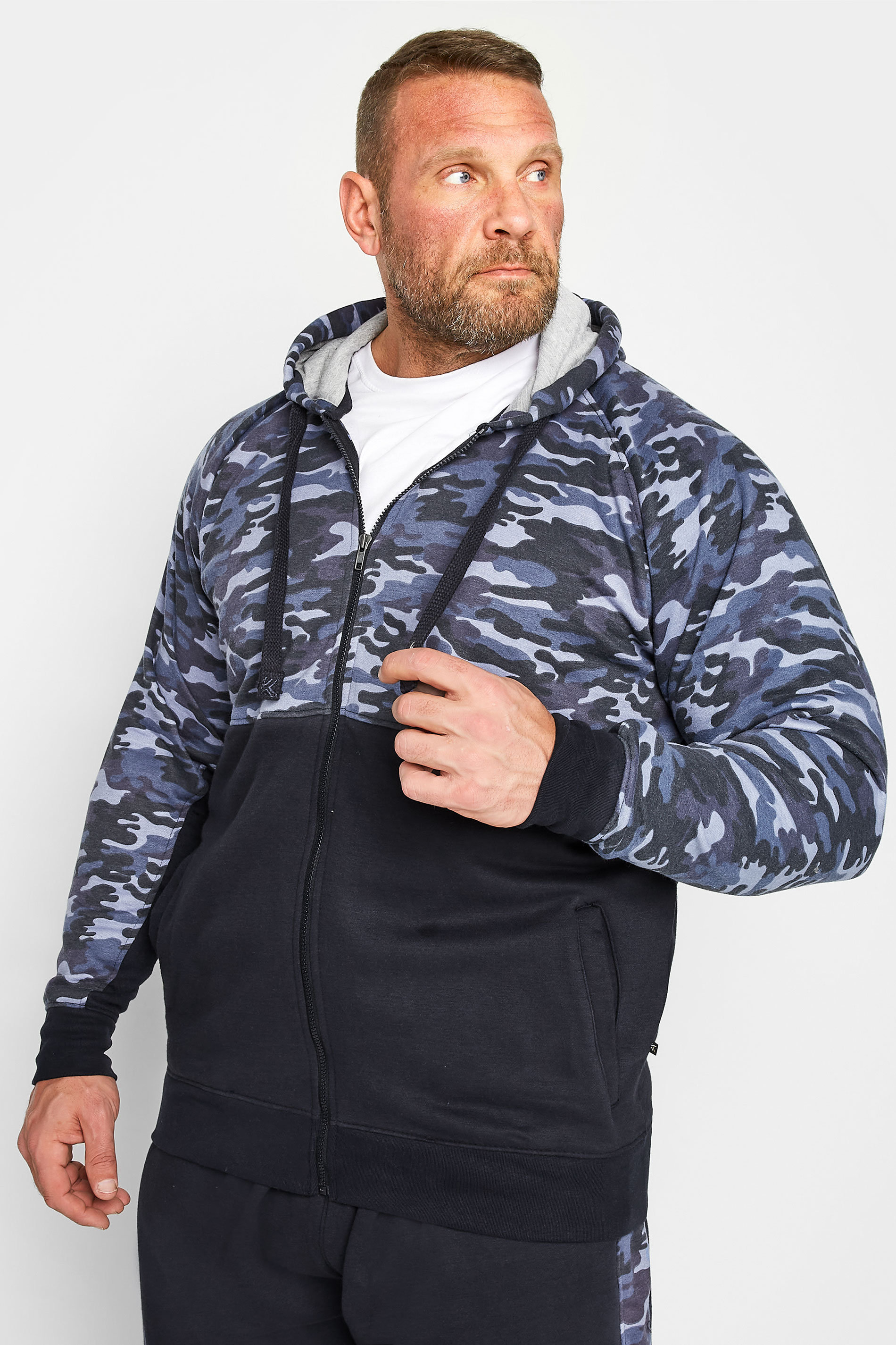 KAM Big & Tall Navy Blue Camo Colour Block Zip Through Hoodie | BadRhino 3