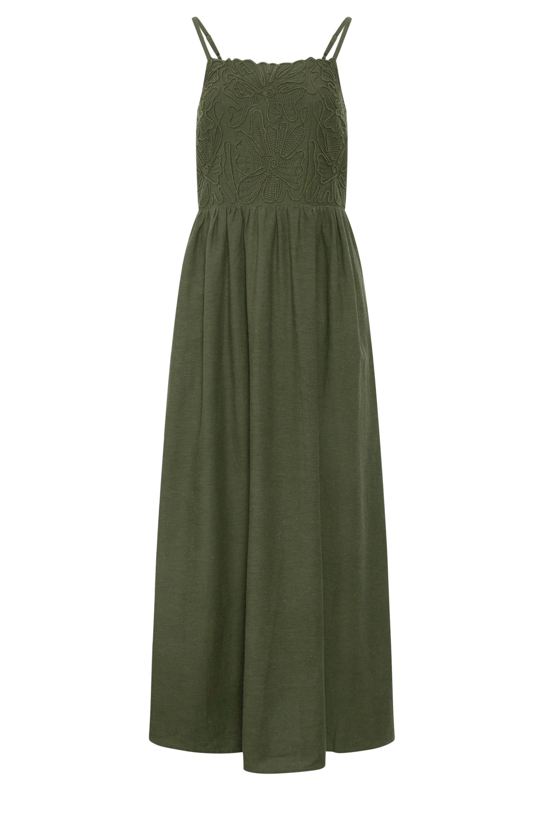 LTS Tall Women's Olive Green Linen Embroidered Midi Dress | Long Tall Sally 6