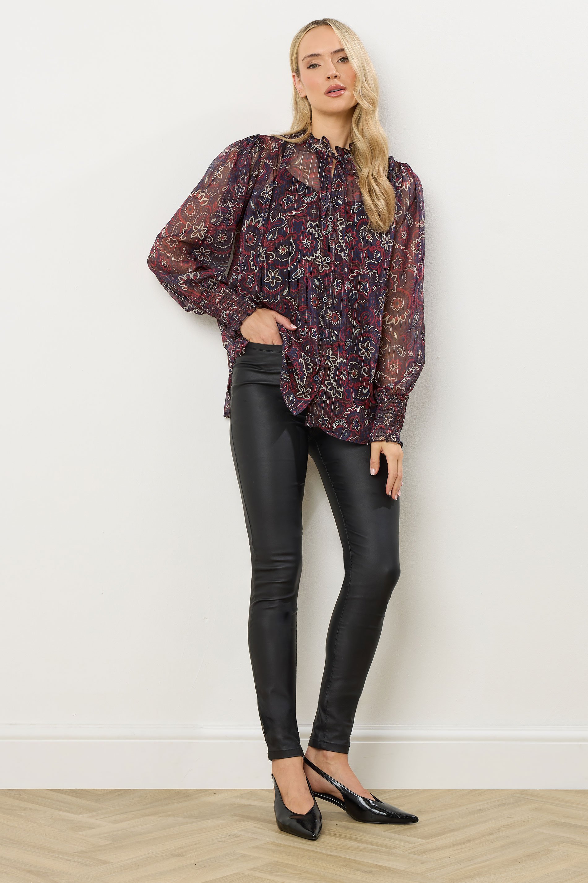 LTS Tall Dark Red Paisley Frill Neck Blouse | Long Tall Sally 3