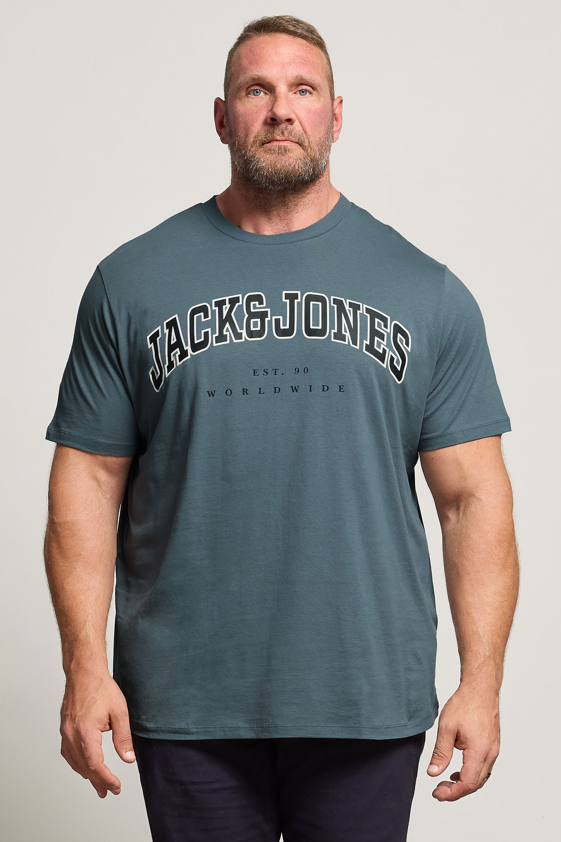 Jack & Jones Big & Tall Stormy Blue Varsity Logo T-Shirt | BadRhino 1