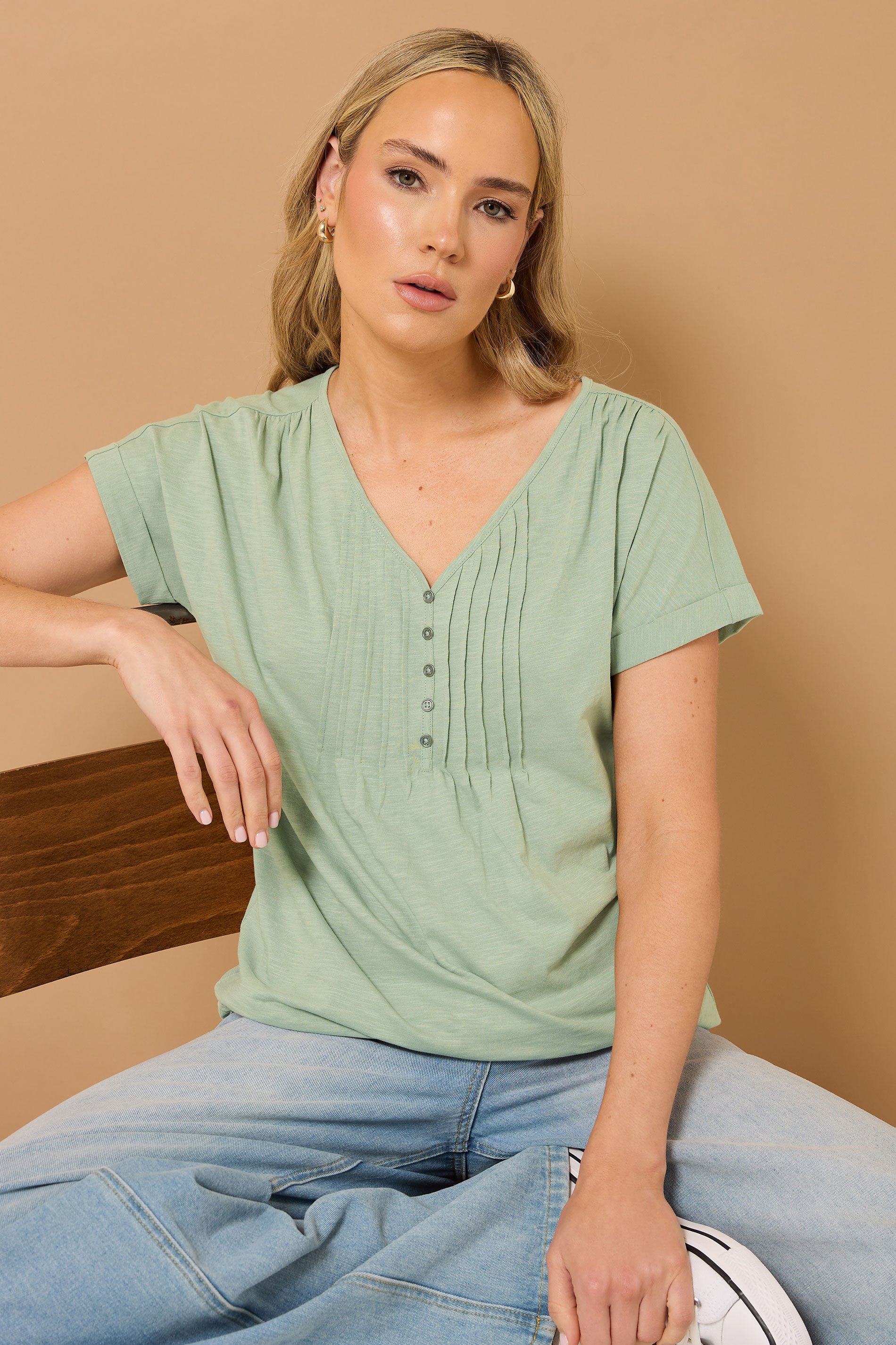 LTS Tall Sage Green Cotton Short Sleeve Henley Top | Long Tall Sally 1