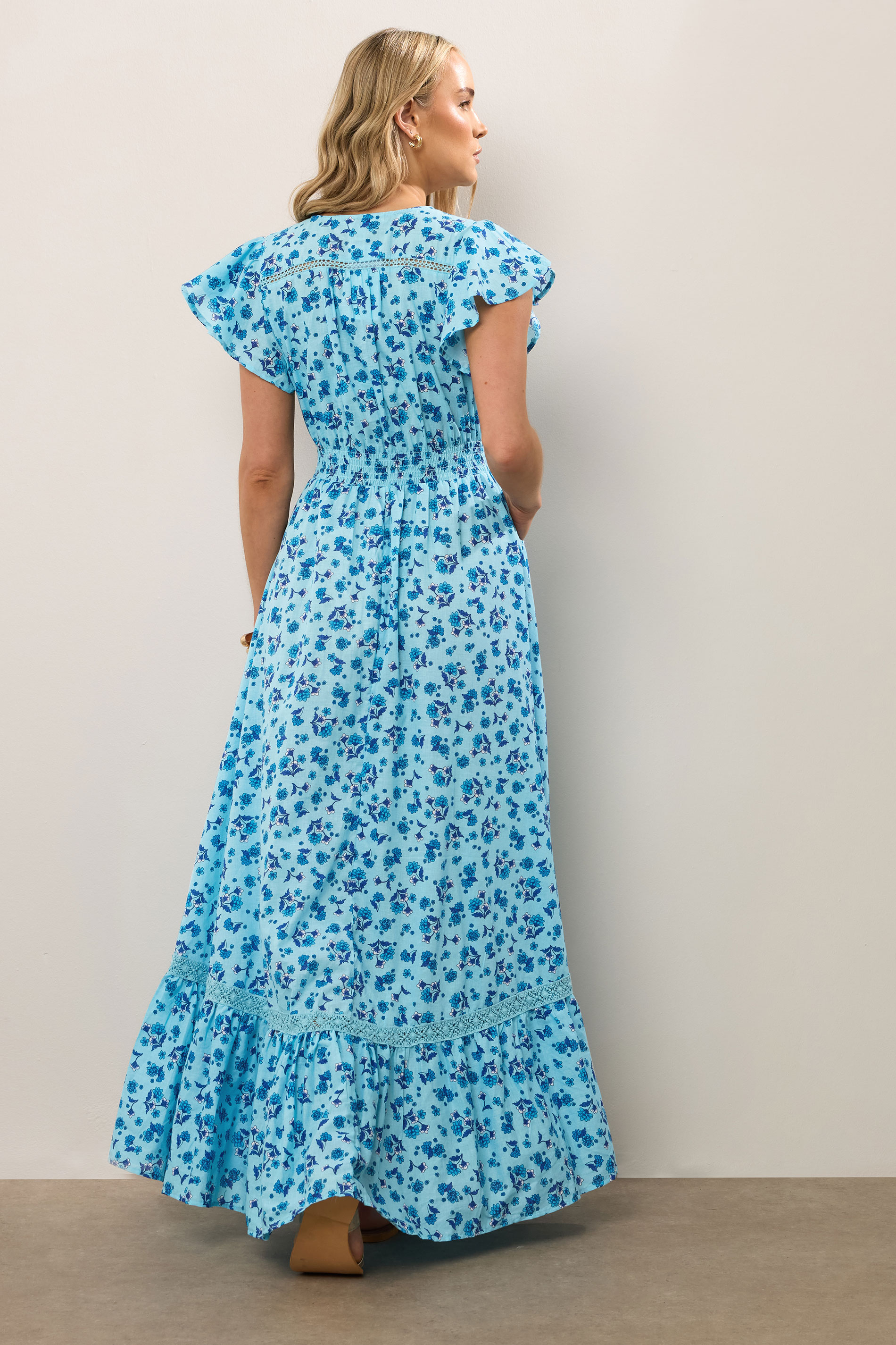 LTS Tall Blue Ditsy Floral Print Button Lace Insert Maxi Dress | Long Tall Sally 3