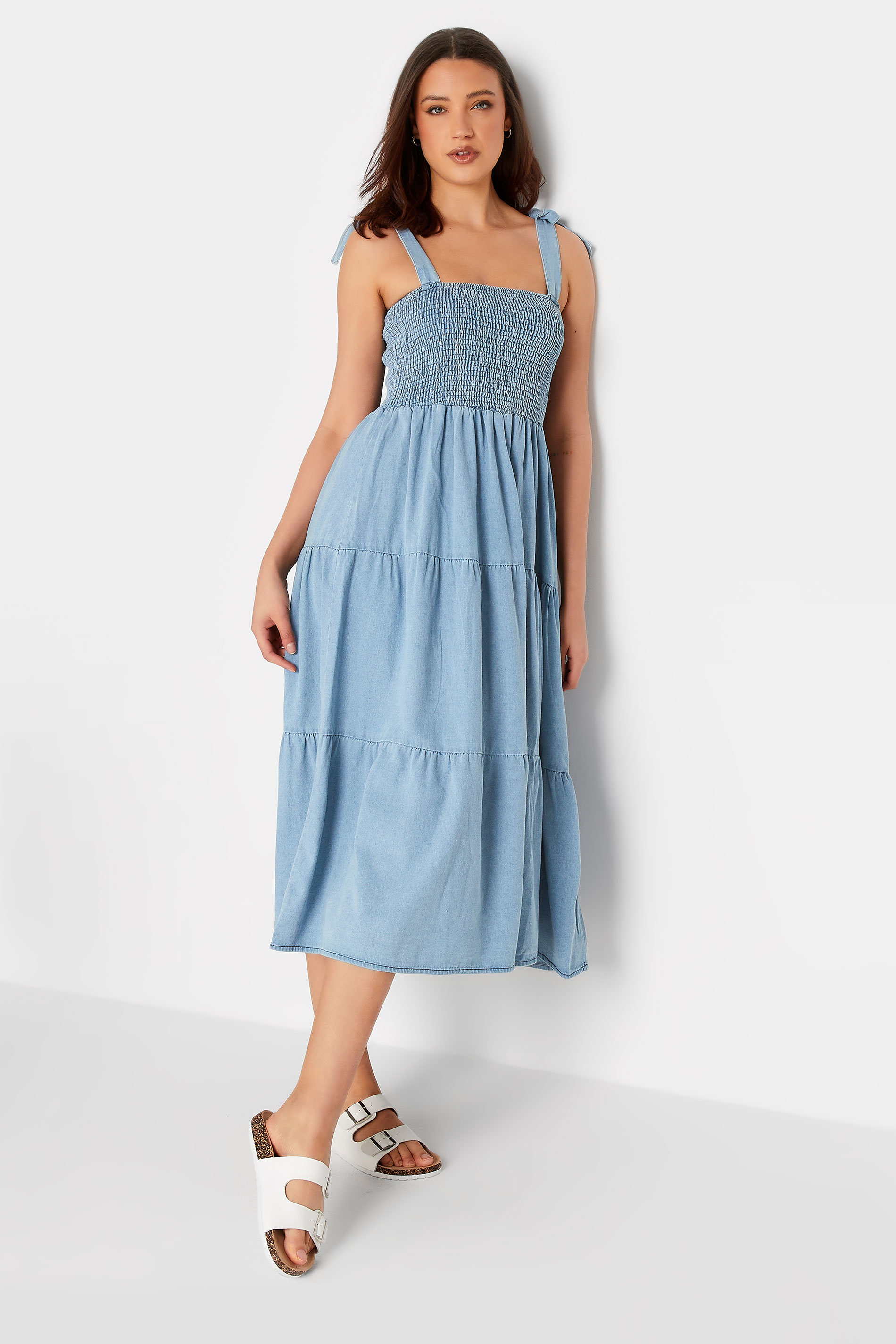 LTS Tall Women's Blue Denim Shirred Tiered Midi Dress | Long Tall Sally 1