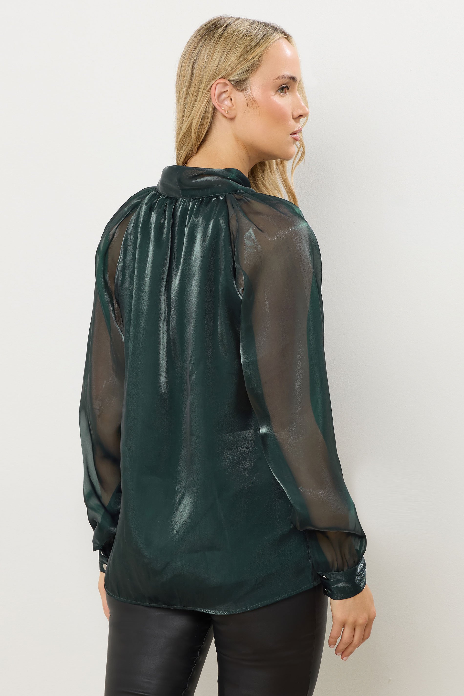 LTS Tall Dark Green Organza Tie Neck Blouse | Long Tall Sally 4
