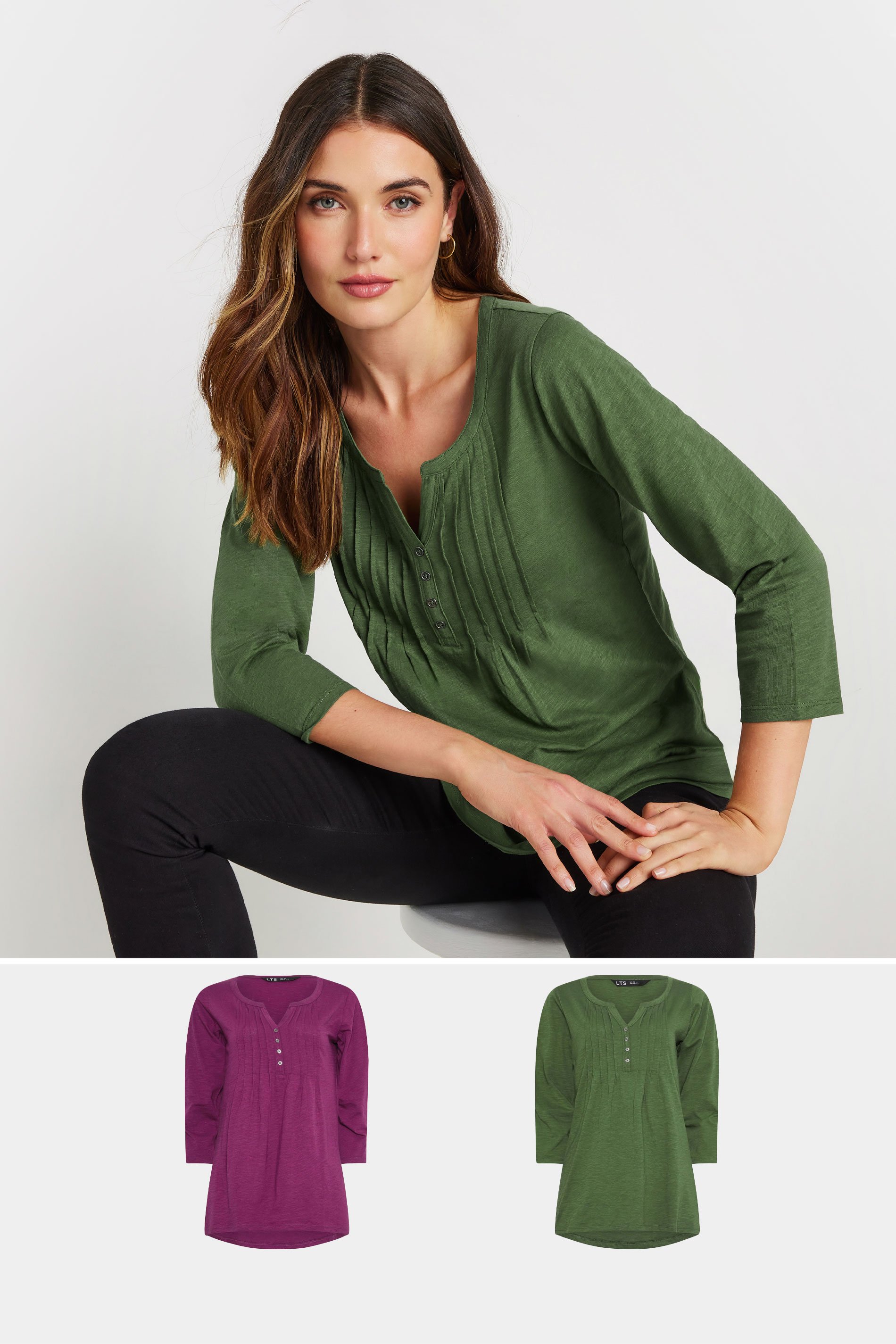 LTS Tall 2 PACK Khaki Green & Dark Pink Henley Tops | Long Tall Sally 1