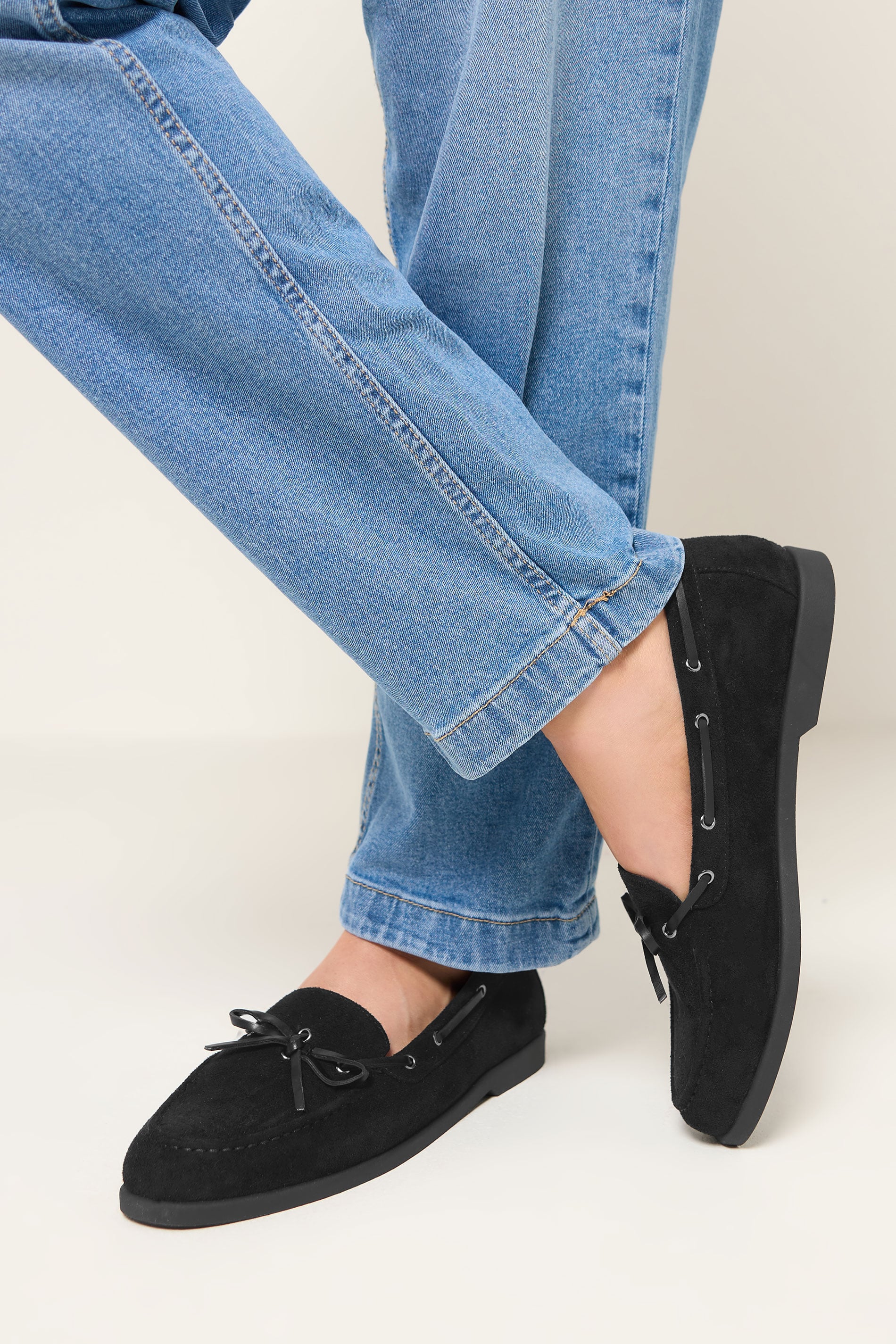 Black Faux Suede Bow Boat Shoes In Wide E Fit | Yours Clothing 1