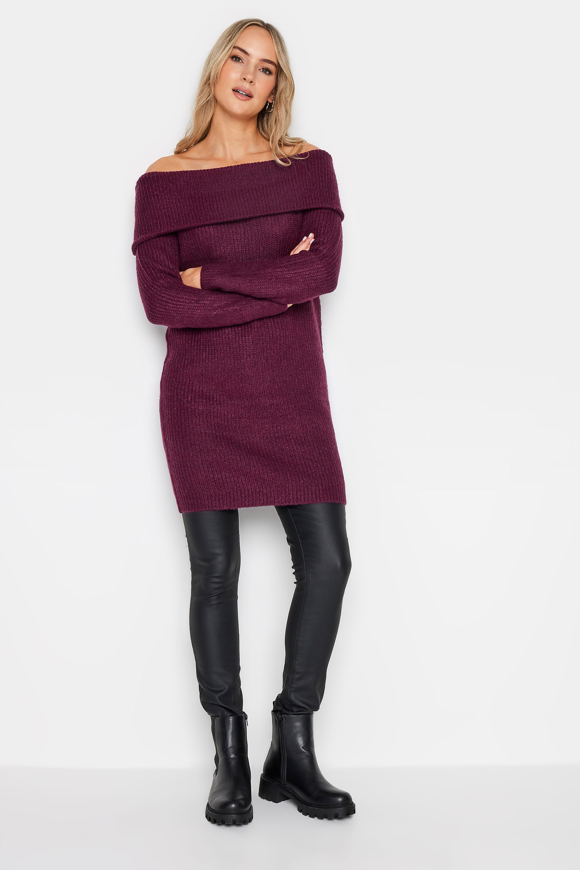 LTS Tall Dark Purple Bardot Tunic Jumper Dress | Long Tall Sally 1
