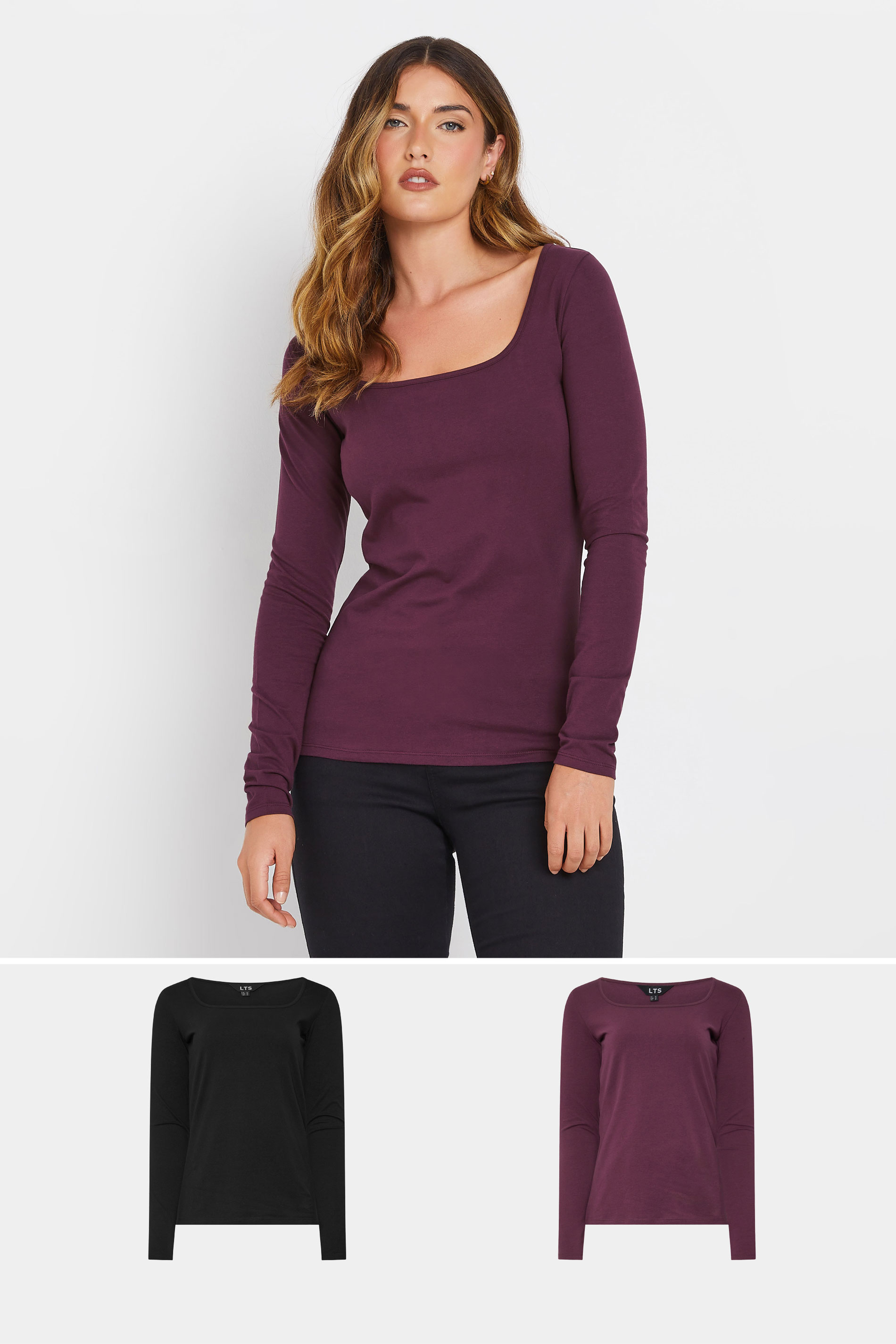 LTS Tall 2 PACK Black & Burgundy Red Square Neck Tops | Long Tall Sally 1