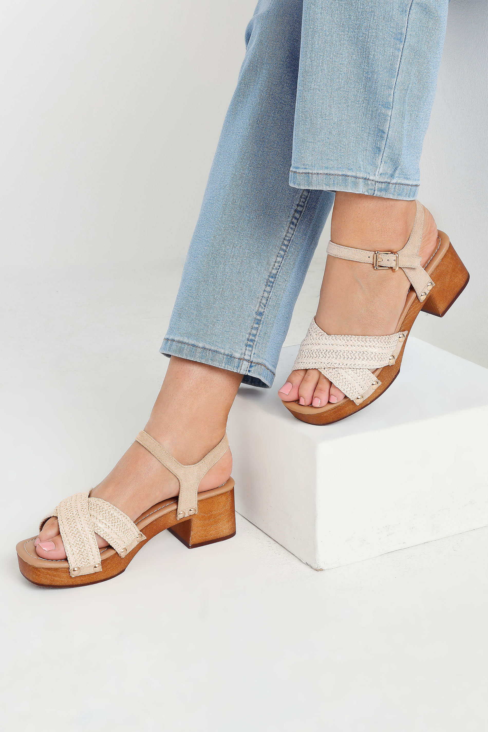 Natural Brown Cross Over Platform Wooden Clog Sandals In Wide E Fit | Yours Clothing 2