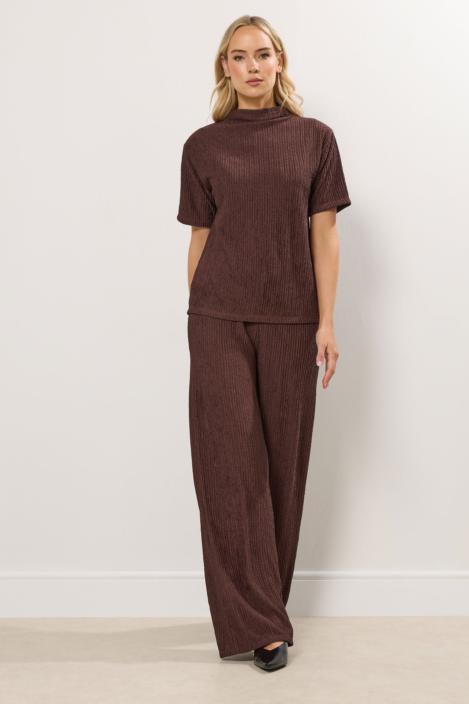 LTS Tall Brown Textured Elasticated Waist Trousers | Long Tall Sally 1