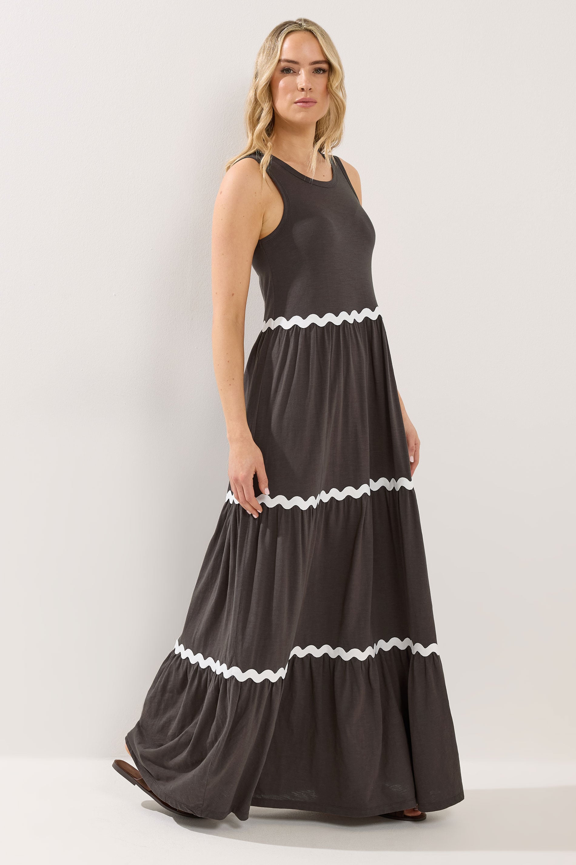 LTS Tall Women's Chocolate Brown Contrast Swirl Tiered Cotton Maxi Dress | Long Tall Sally 1