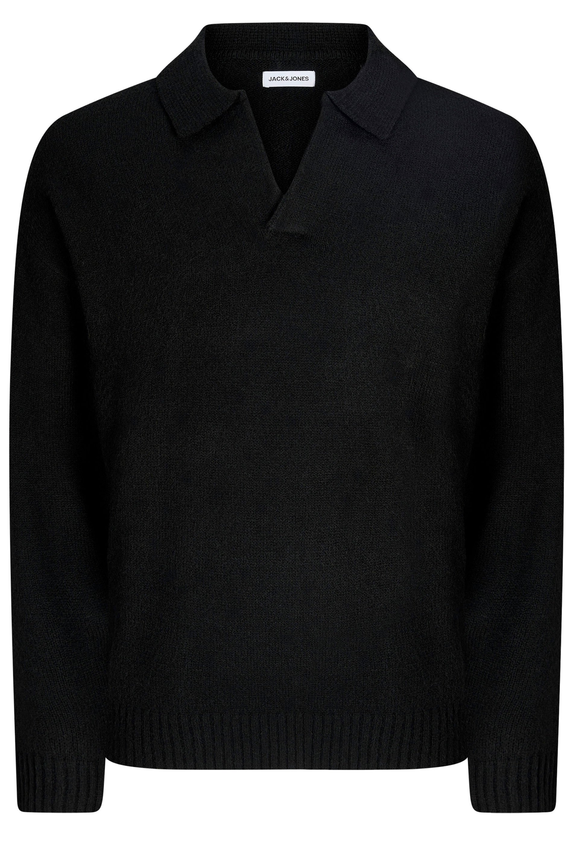 JACK & JONES Big & Tall Black Split Neck Knitted Jumper | BadRhino 1