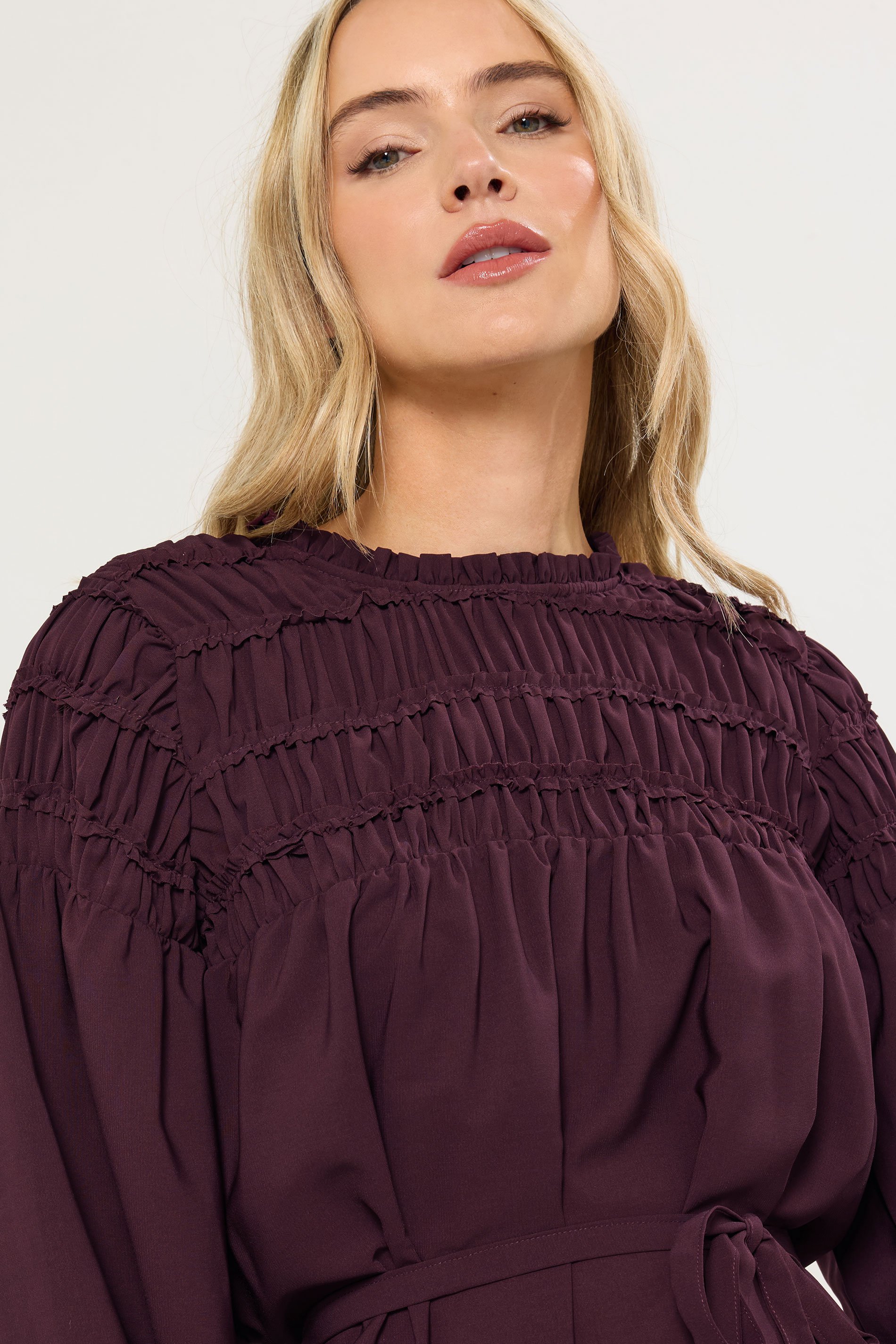 LTS Tall Burgundy Red Shirred Long Sleeve Midi Dress | Long Tall Sally 5