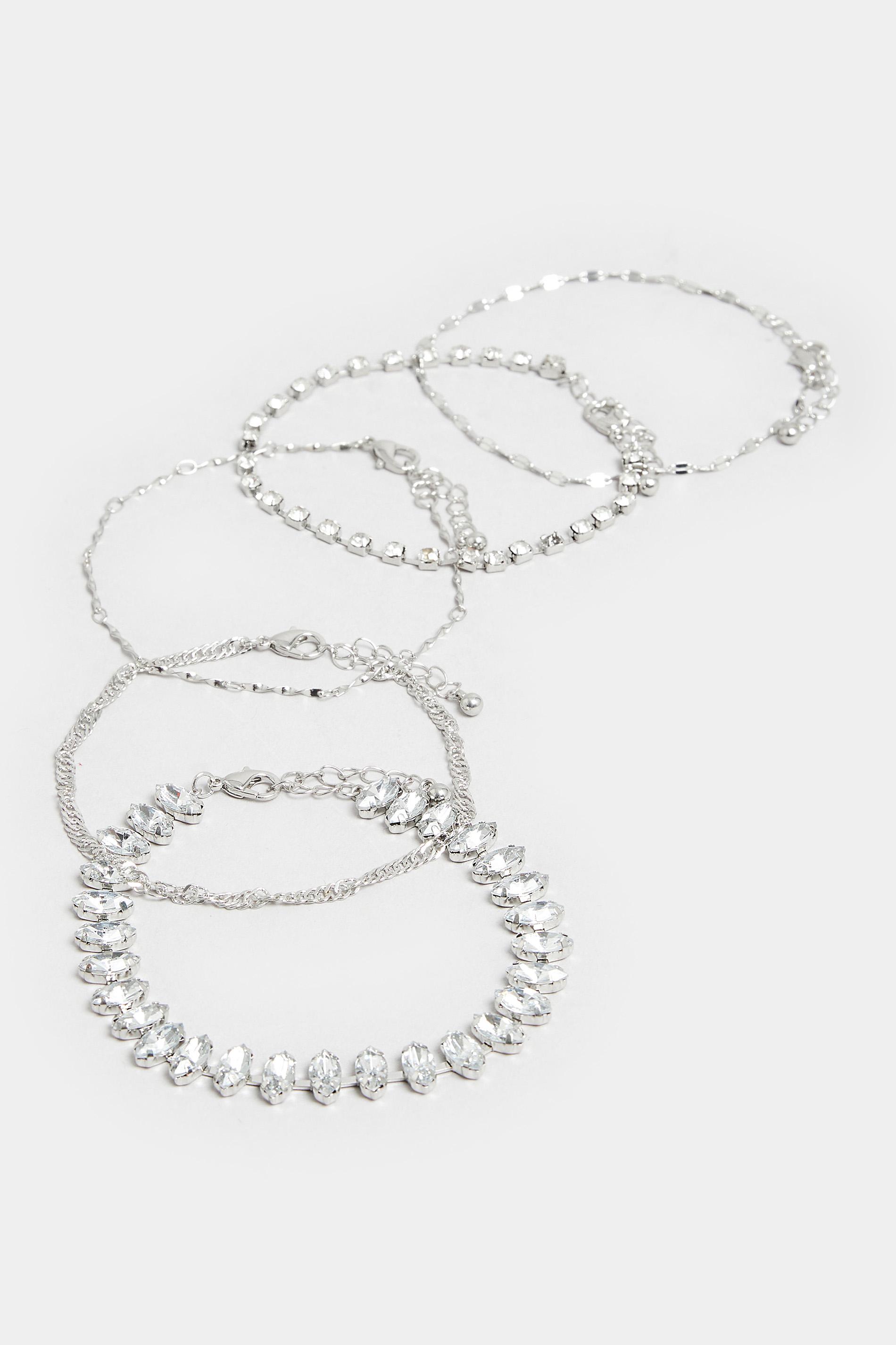 5 PACK Silver Diamante Chain Bracelets | Yours Clothing  2